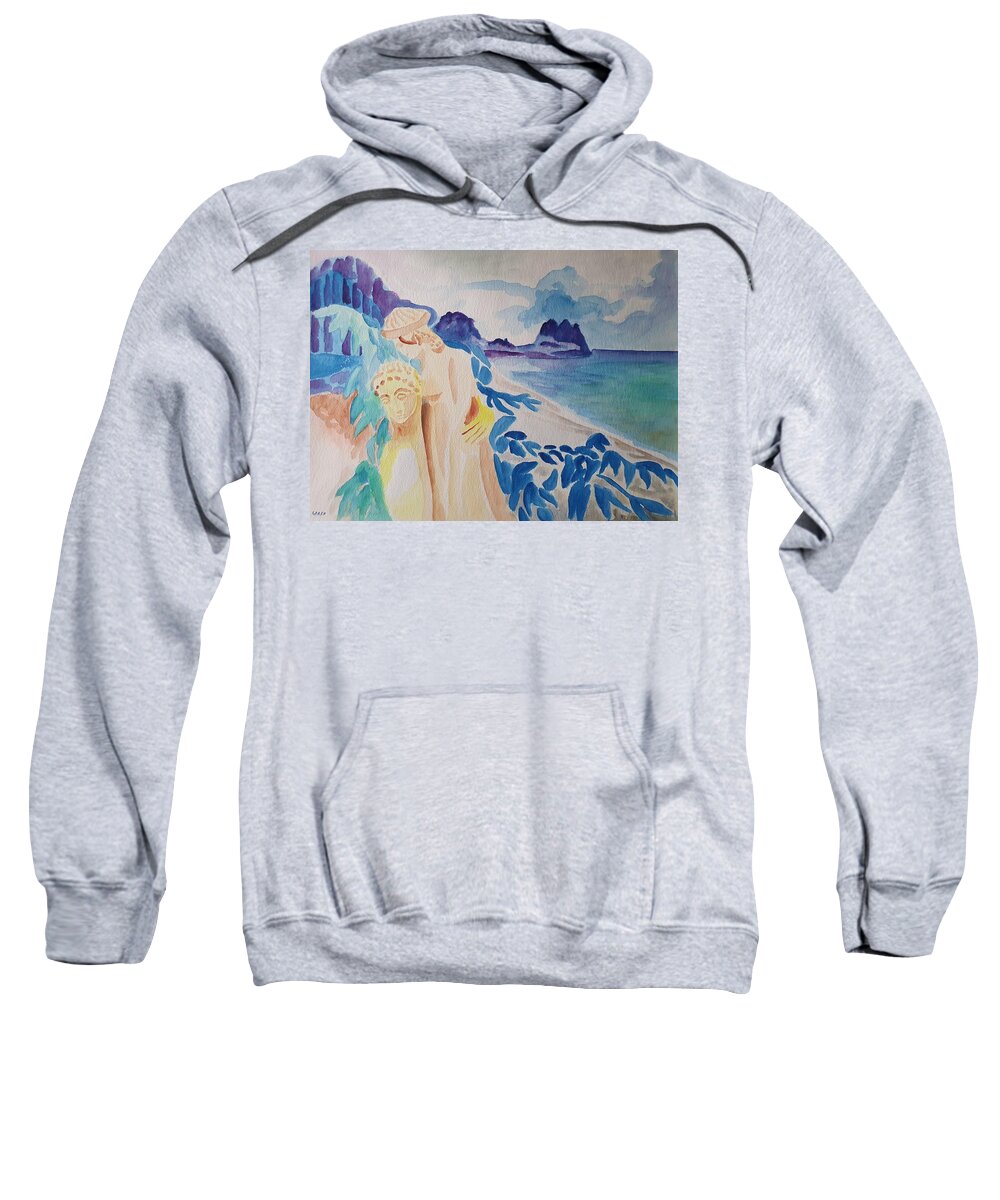 Classical Greek Sculpture Sweatshirt featuring the painting Archaic Couple and the Sea by Enrico Garff