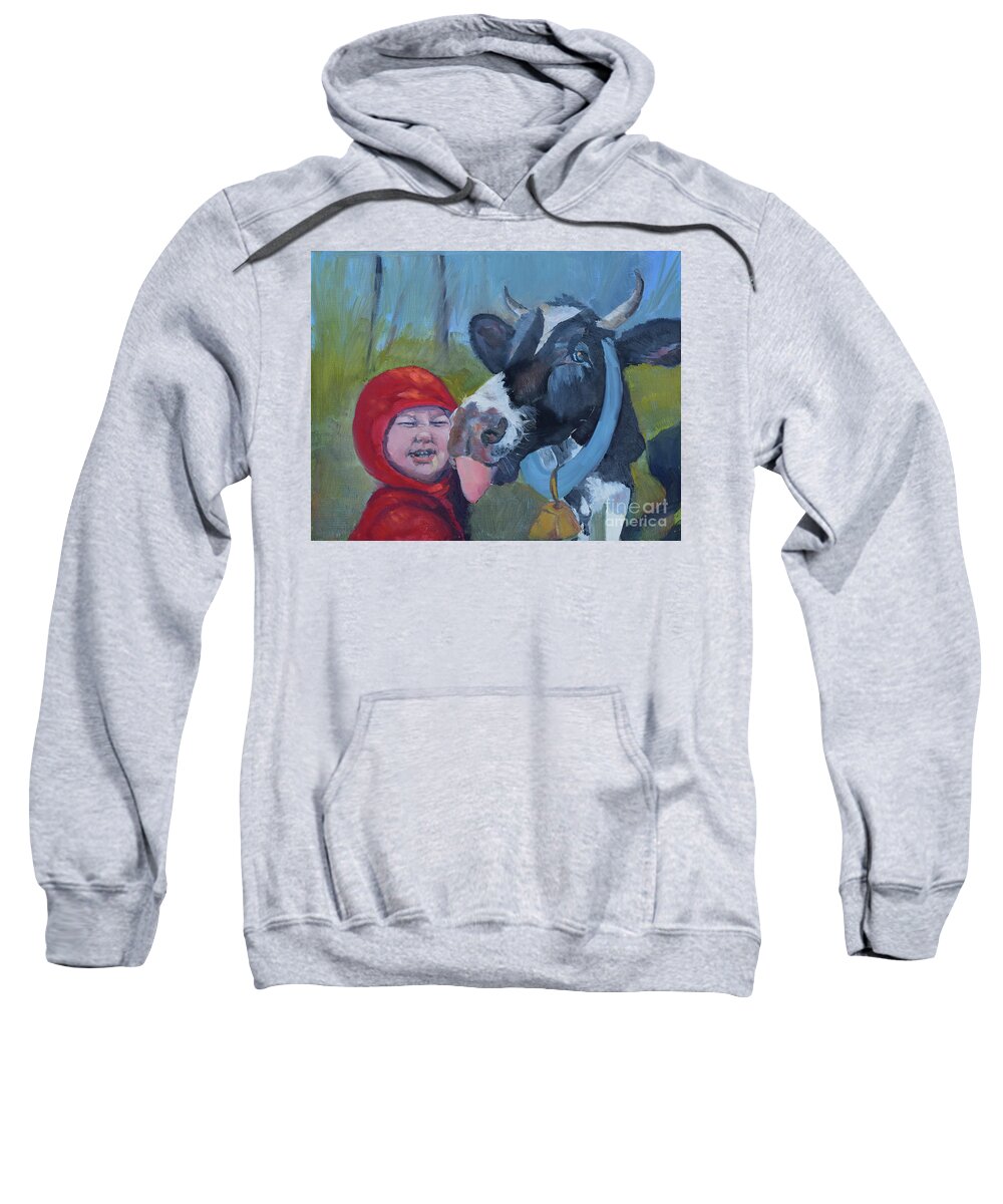 The Adventures Of Bessie And Bo Sweatshirt featuring the painting Bessie loves Bo - Cow Licks Boy by Jan Dappen