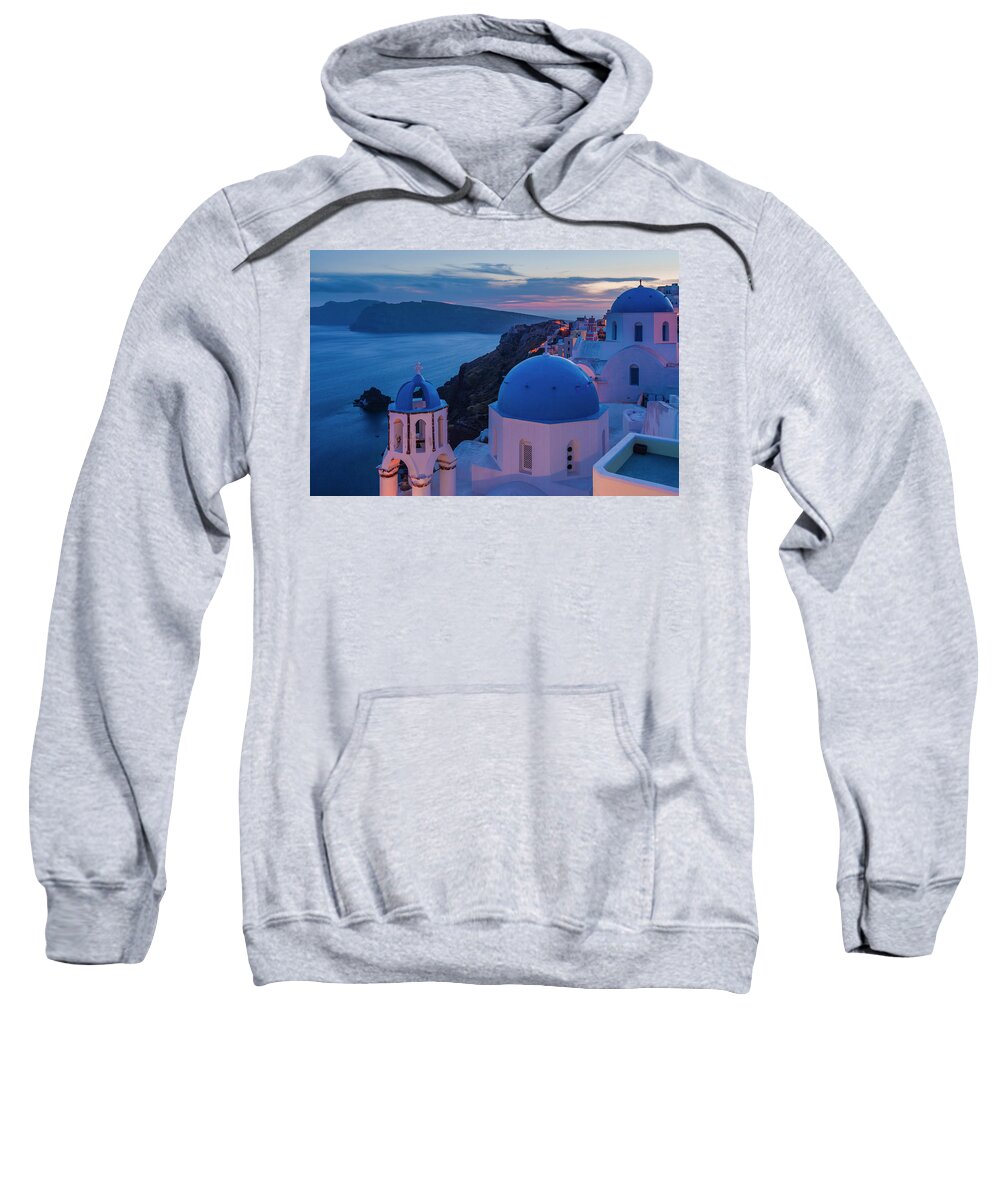 Aegean Sea Sweatshirt featuring the photograph Blue Domes Of Santorini by Evgeni Dinev