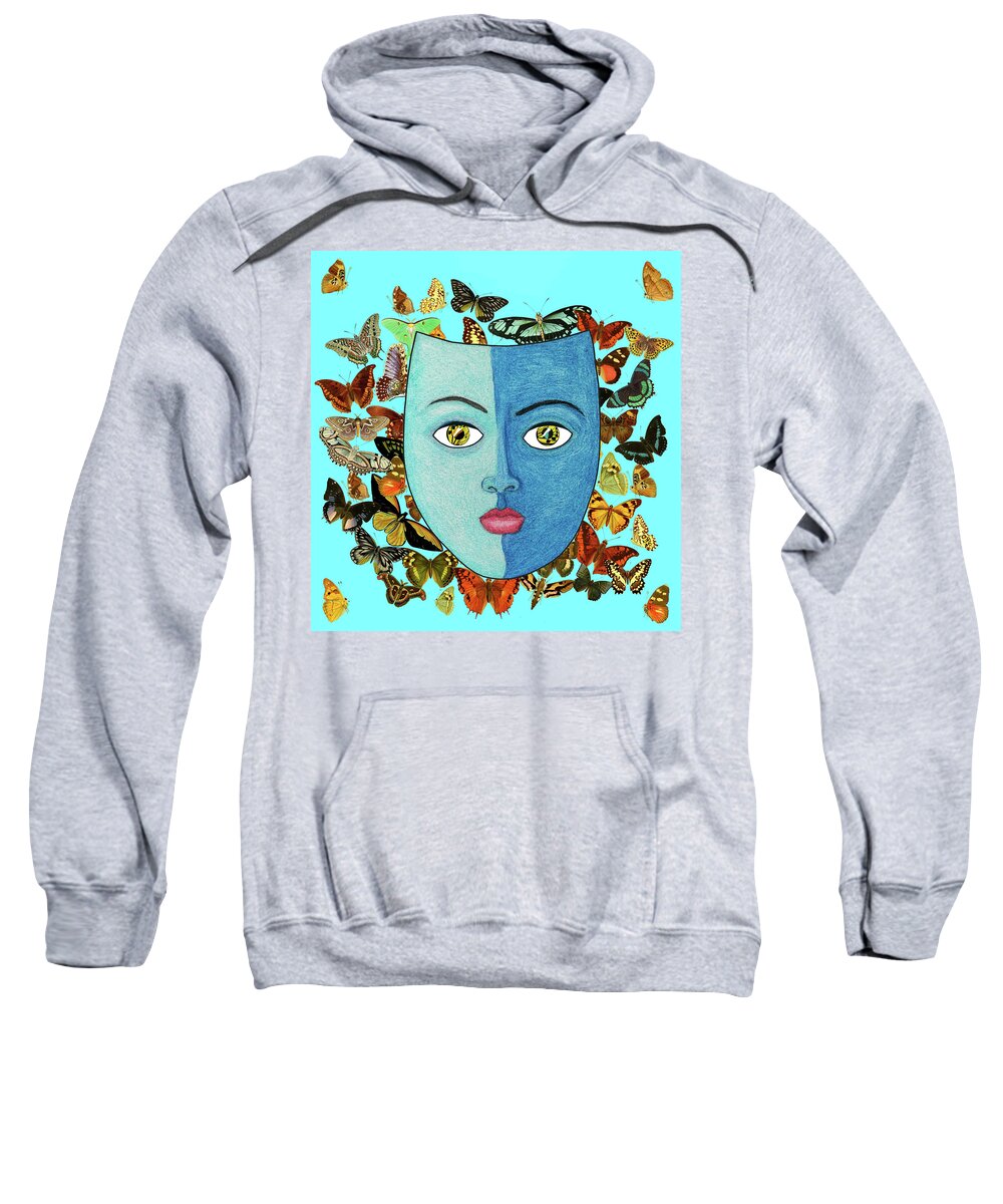 Masks Sweatshirt featuring the mixed media Blue mask on Butterfly swarm by Lorena Cassady