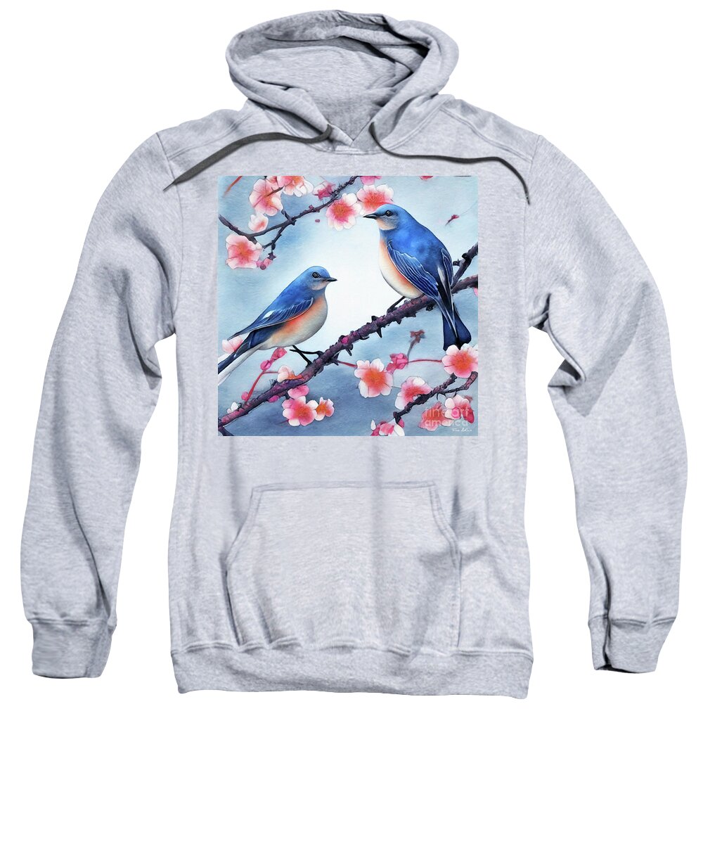 Bluebirds Sweatshirt featuring the painting Bluebirds Perched In The Blossoms by Tina LeCour