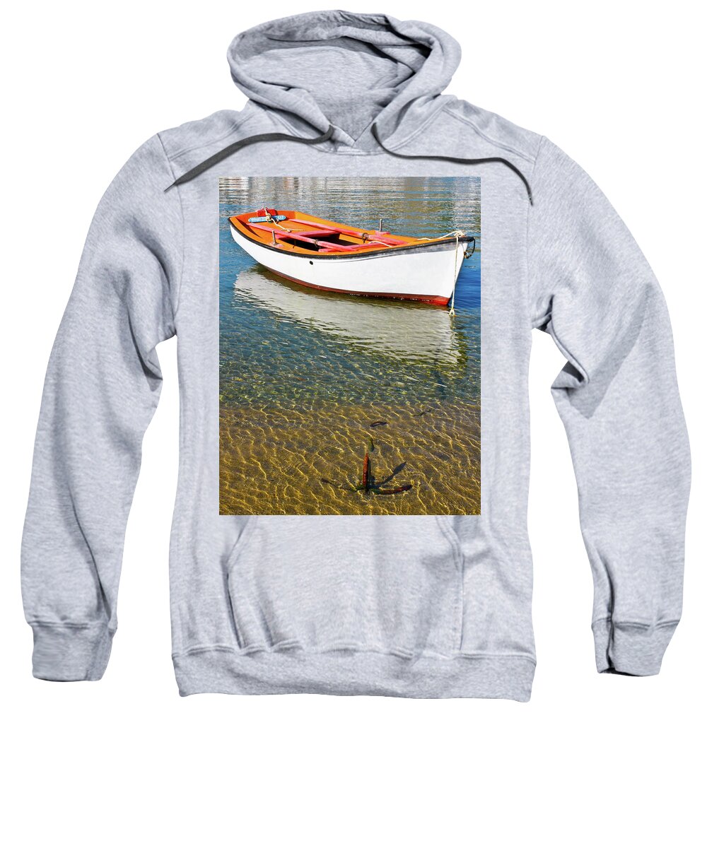 Boat Anchor Mykonos Greece Sweatshirt featuring the photograph Boat anchored in Mykonos, Greece by David Morehead