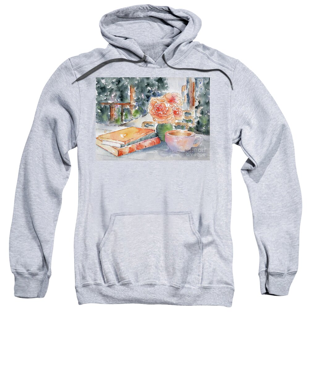 Coffee Signs Sweatshirt featuring the painting Books Coffee And Peach Roses In The Garden by Pat Katz