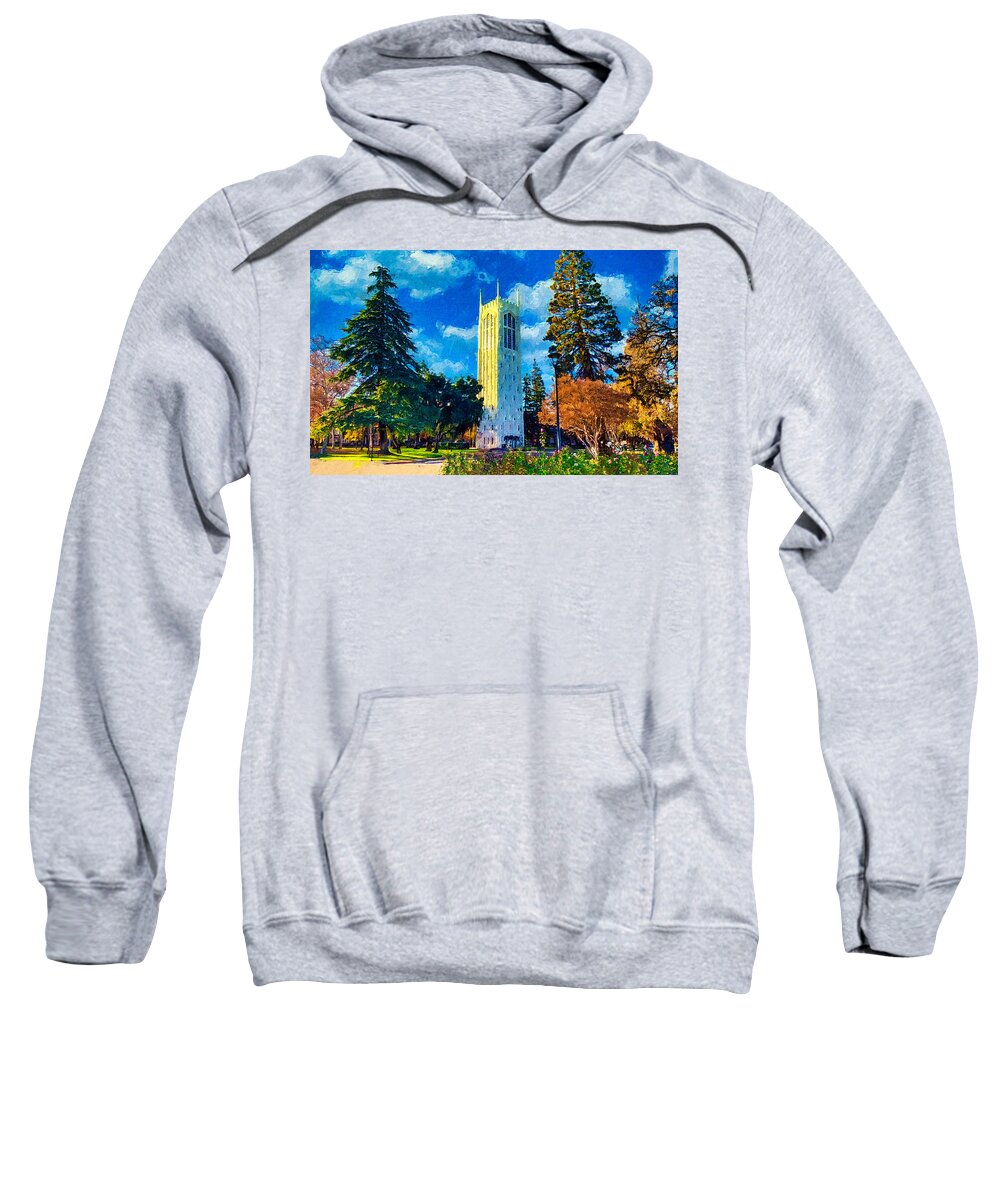 Burns Tower Sweatshirt featuring the digital art Burns Tower of the University of the Pacific in Stockton, California by Nicko Prints