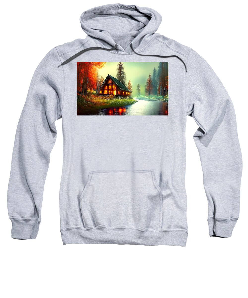 Digital Sweatshirt featuring the digital art Cabin on a River by Beverly Read
