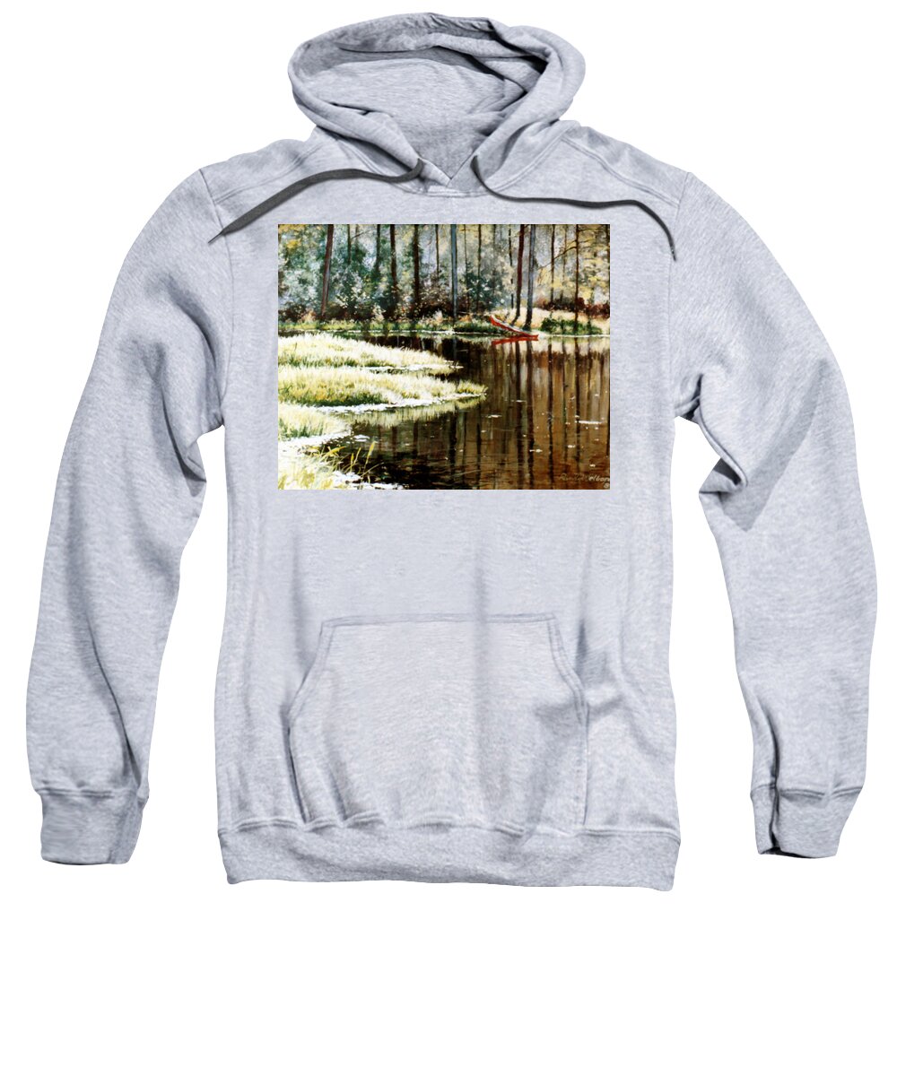 Canoe Sweatshirt featuring the painting Canoe on Pond by Randy Welborn