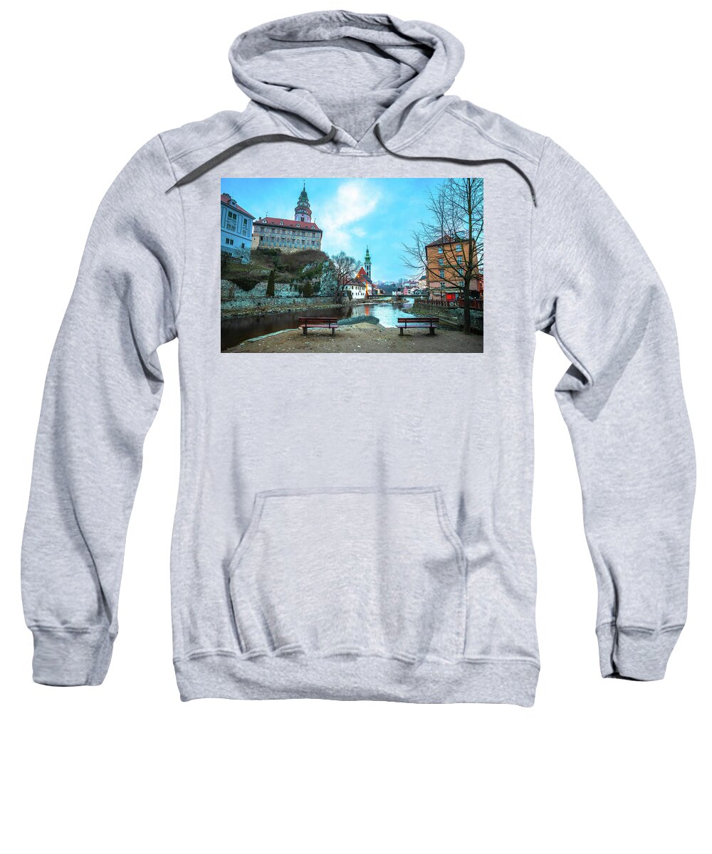  Sweatshirt featuring the photograph Cesky Krumlov scenic architecture and Vltava river dawn view by Brch Photography