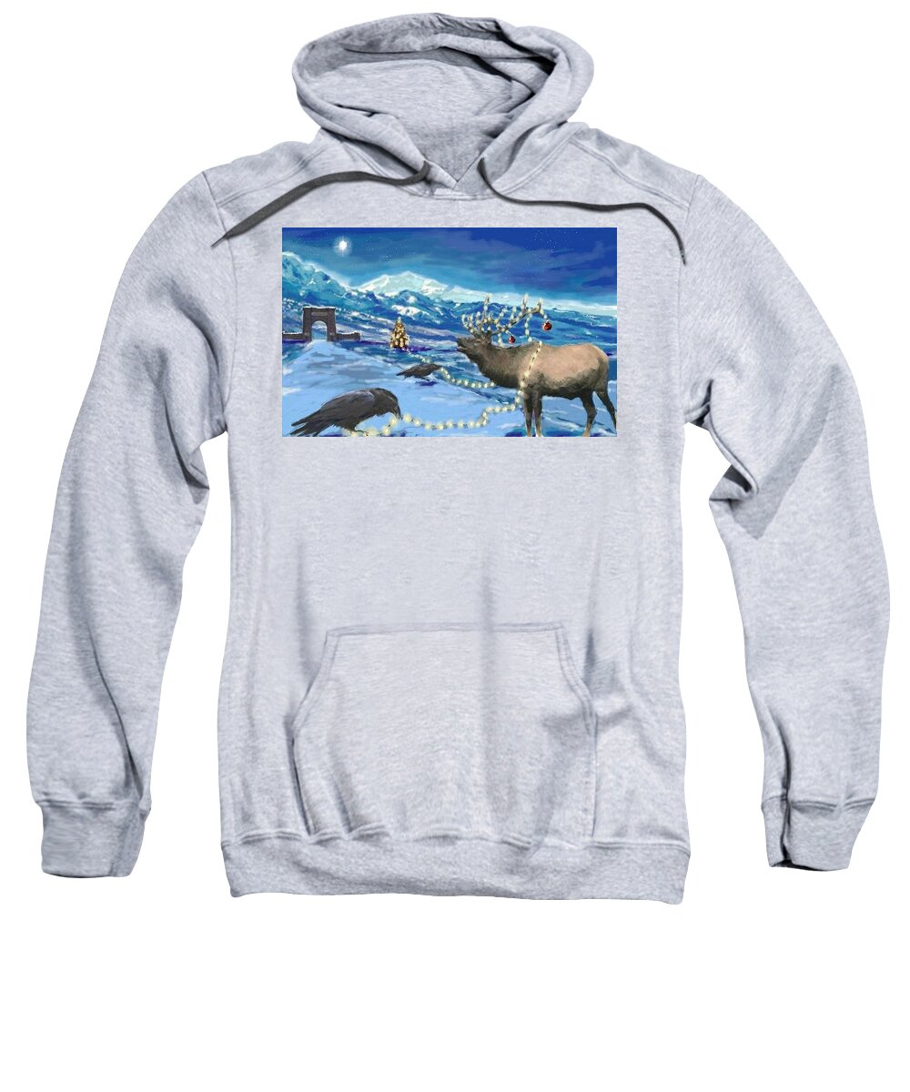 Raven Sweatshirt featuring the digital art Christmas Elk by Les Herman