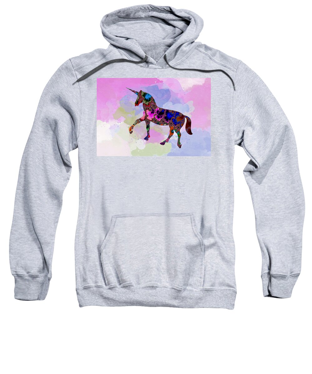 Colorful Sweatshirt featuring the mixed media Colorful Unicorn Art-Fractal Watercolor Fusion by Shelli Fitzpatrick