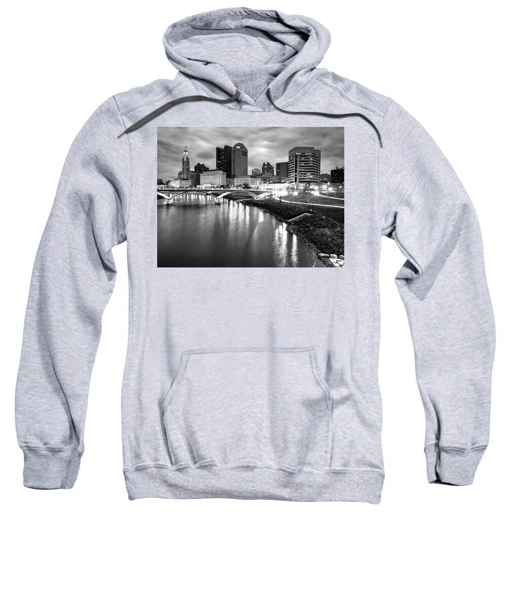Columbus Ohio Sweatshirt featuring the photograph Columbus City Lights Over The Scioto - Black and White by Gregory Ballos