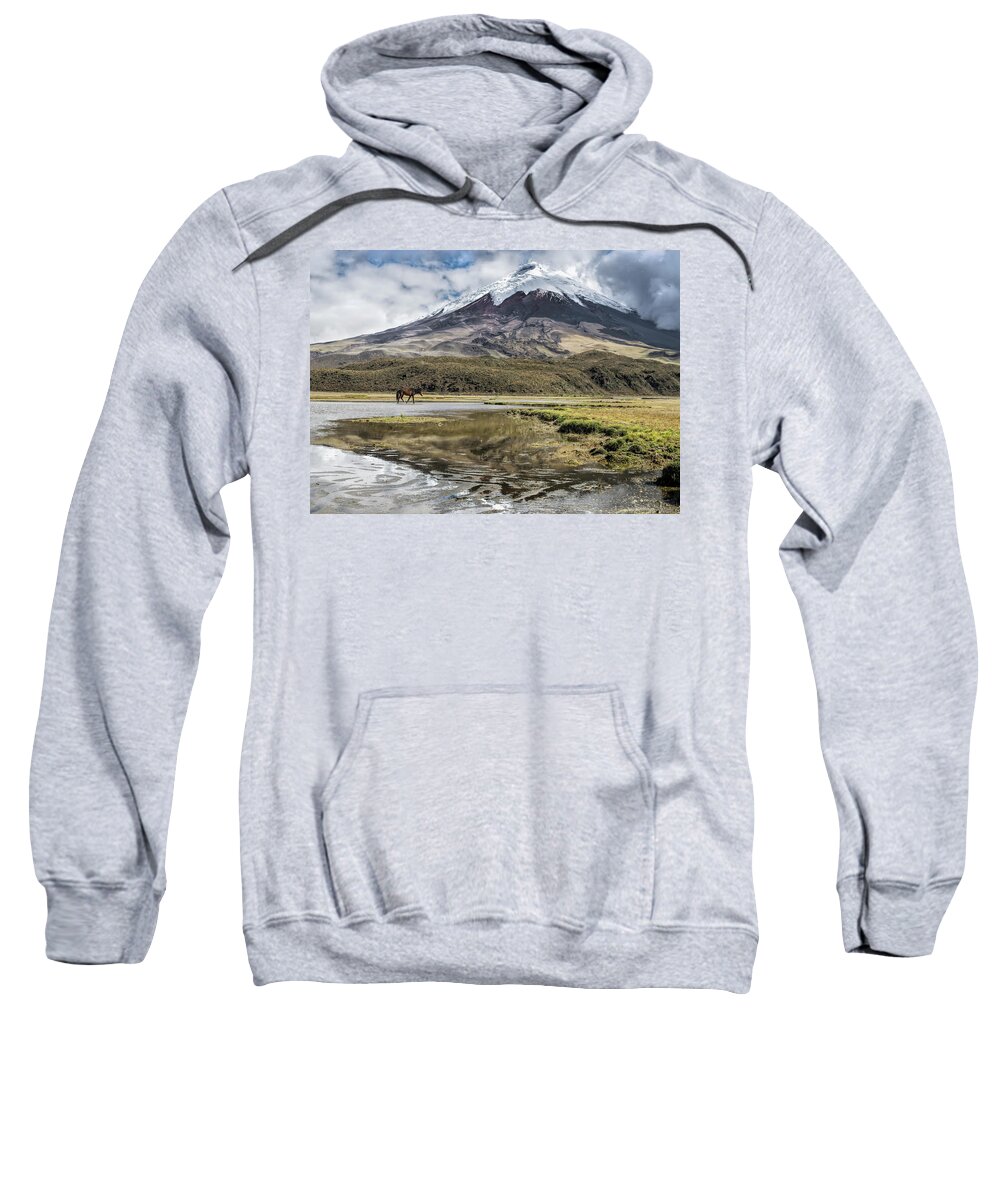 Andes Sweatshirt featuring the photograph Cotopaxi Peak reflected in Limpiopungo lake by Henri Leduc