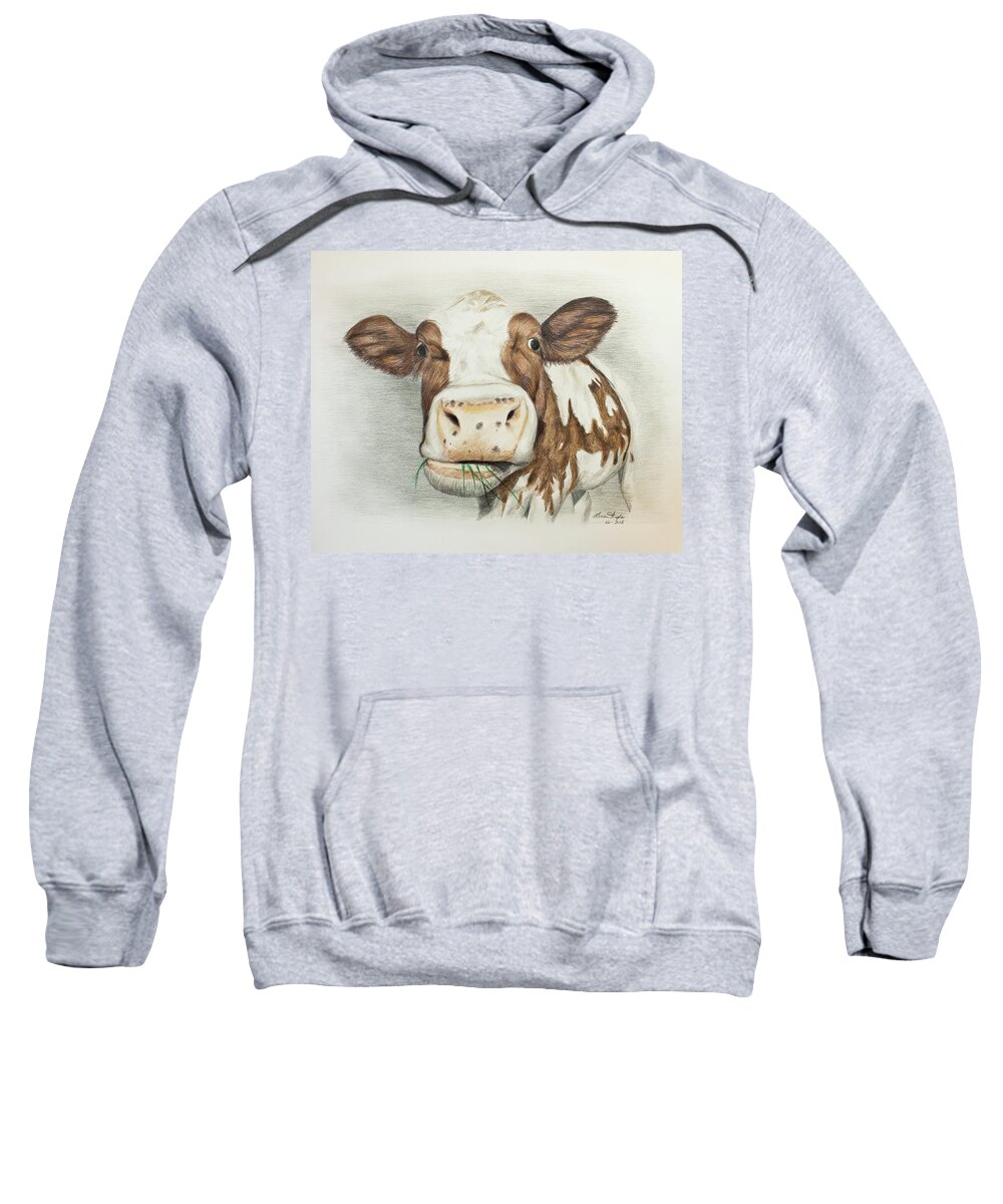 Cow Sweatshirt featuring the drawing Cow Eating Breakfast by Lena Auxier