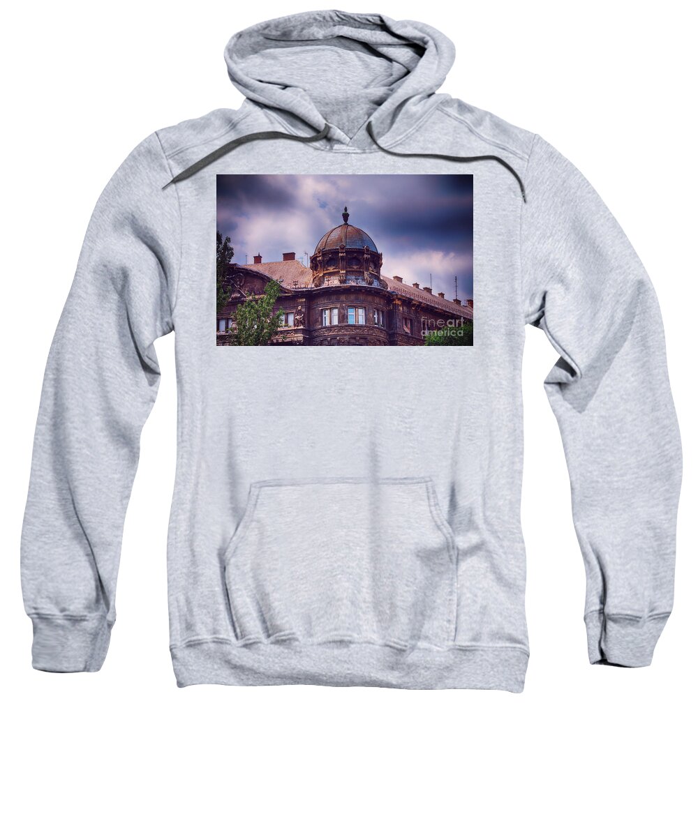 Building Sweatshirt featuring the photograph Domed old building with dark blue stormy clouds by Mendelex Photography