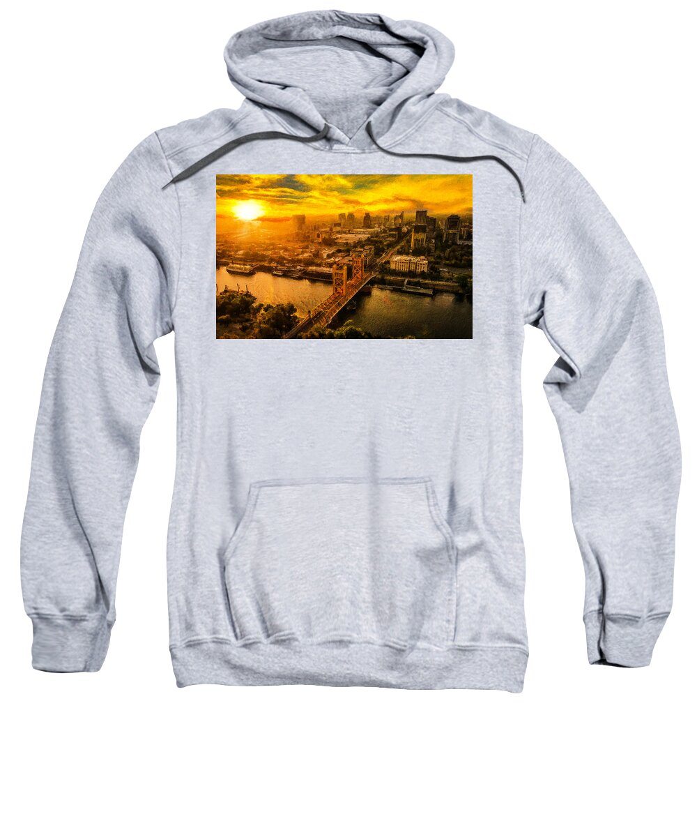 Sacramento Sweatshirt featuring the digital art Downtown Sacramento and Tower Bridge at sunset - digital painting by Nicko Prints