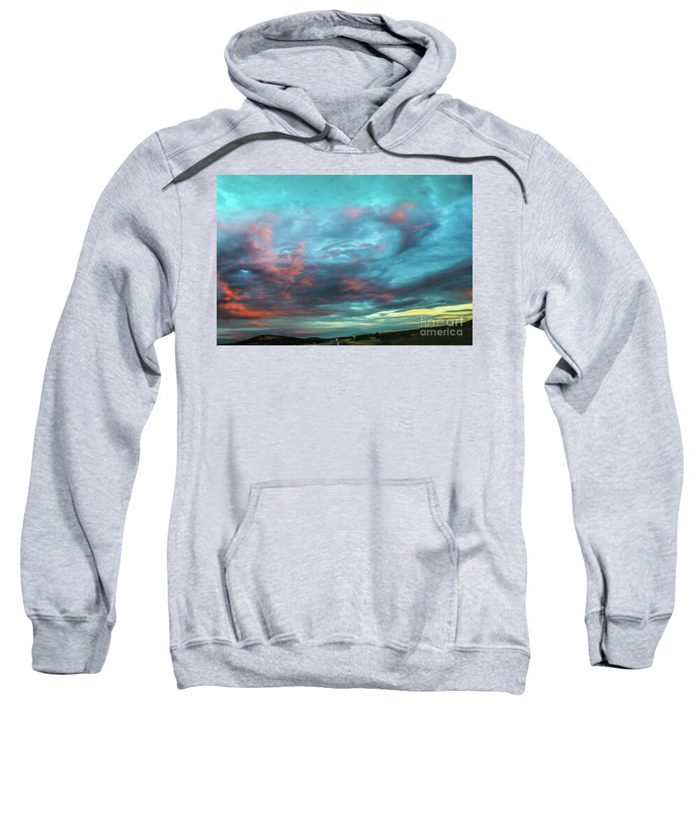 Vibrant Sweatshirt featuring the digital art Driving toward the sunset with dramatic sky near Grand Canyon US by Susan Vineyard