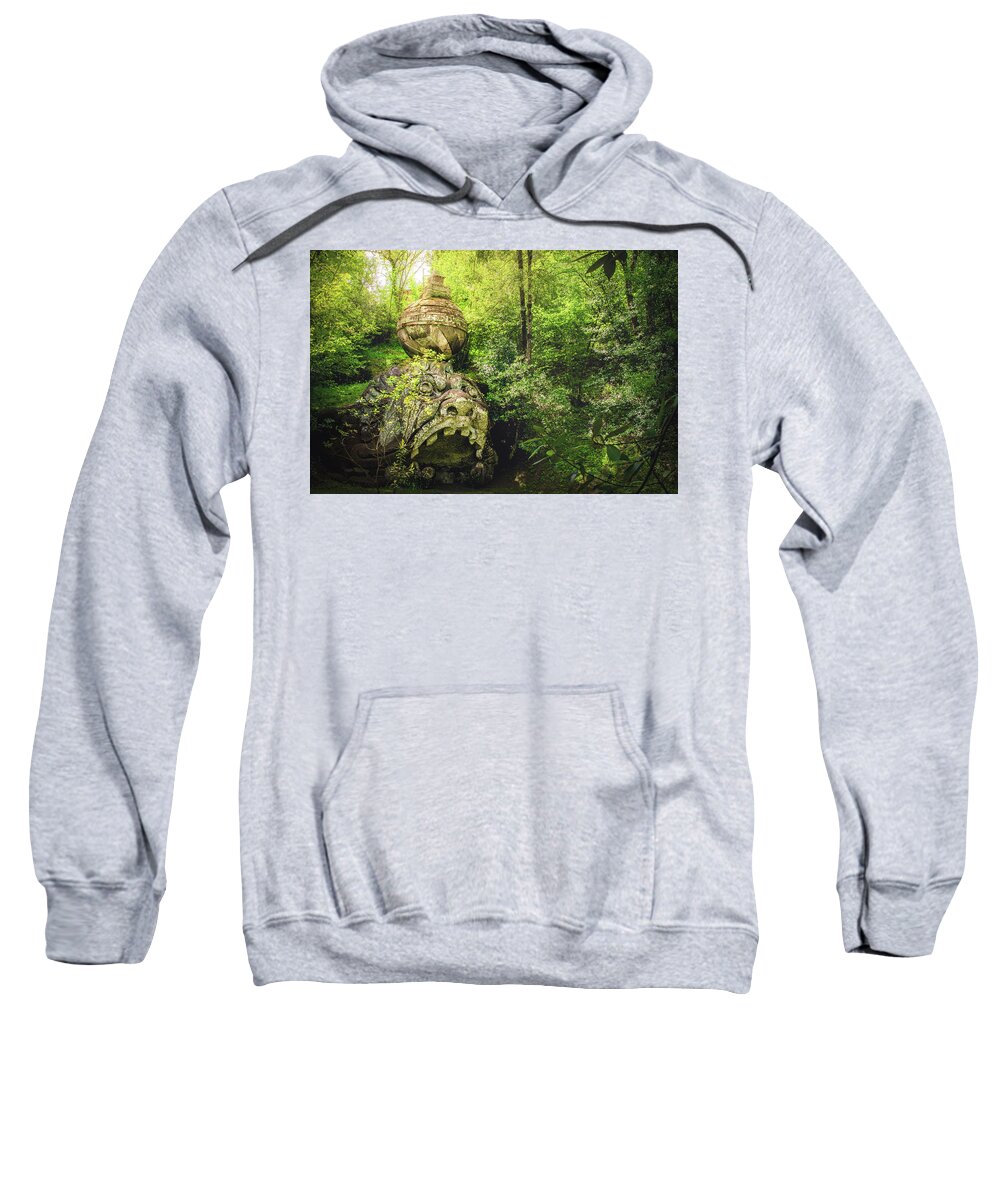 Evil Sweatshirt featuring the photograph evil forest statue Bomarzo sacred forest - Italy by Luca Lorenzelli