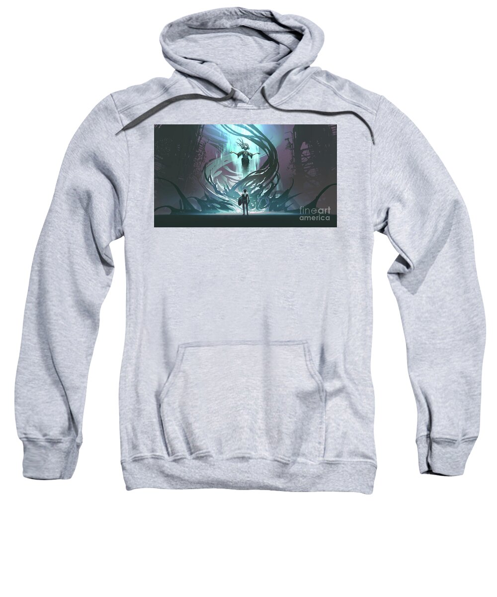 Illustration Sweatshirt featuring the painting Facing the last boss by Tithi Luadthong