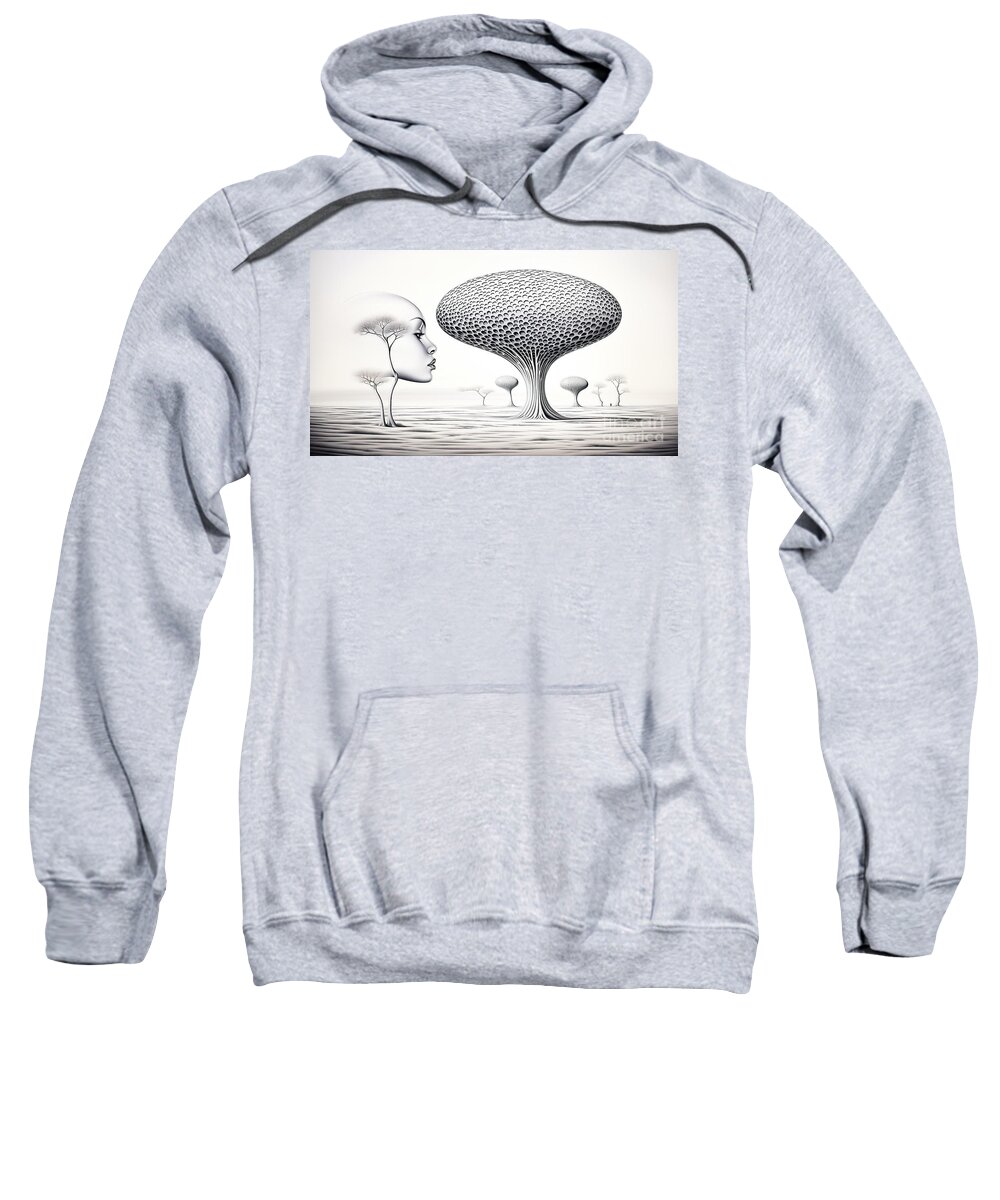  Woman Sweatshirt featuring the digital art Female portrait in the background with tree and isolated white background. by Odon Czintos