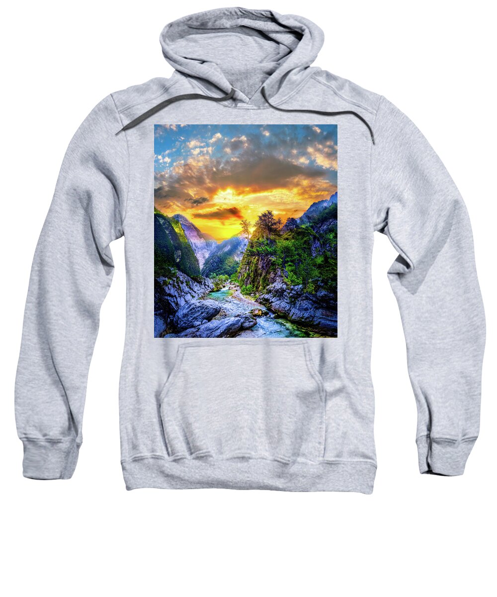 Blue Sweatshirt featuring the photograph Flowing Blue River Gold Mountain Sunrise by Eszra Tanner