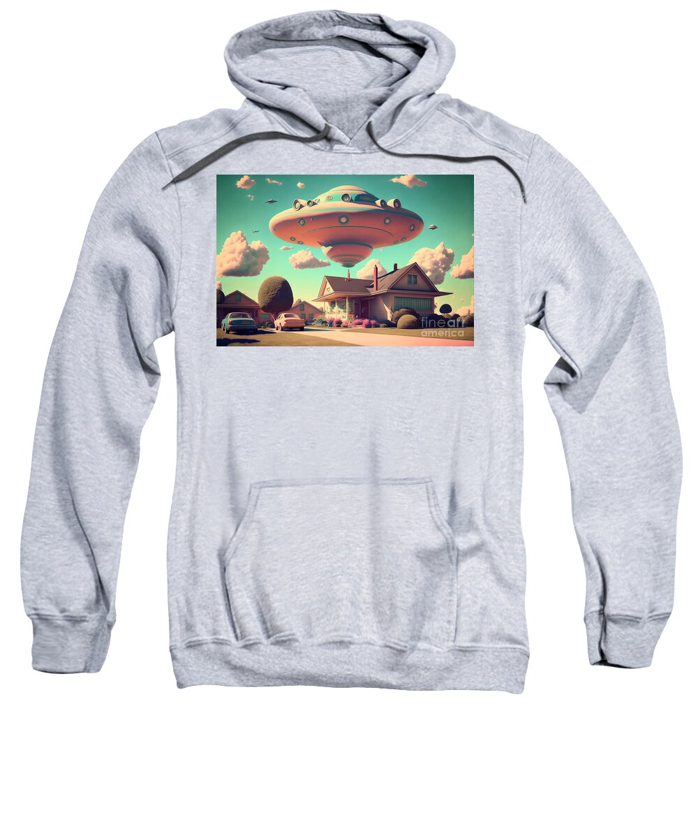 Flying Sweatshirt featuring the mixed media Flying Saucer Frenzy I by Jay Schankman