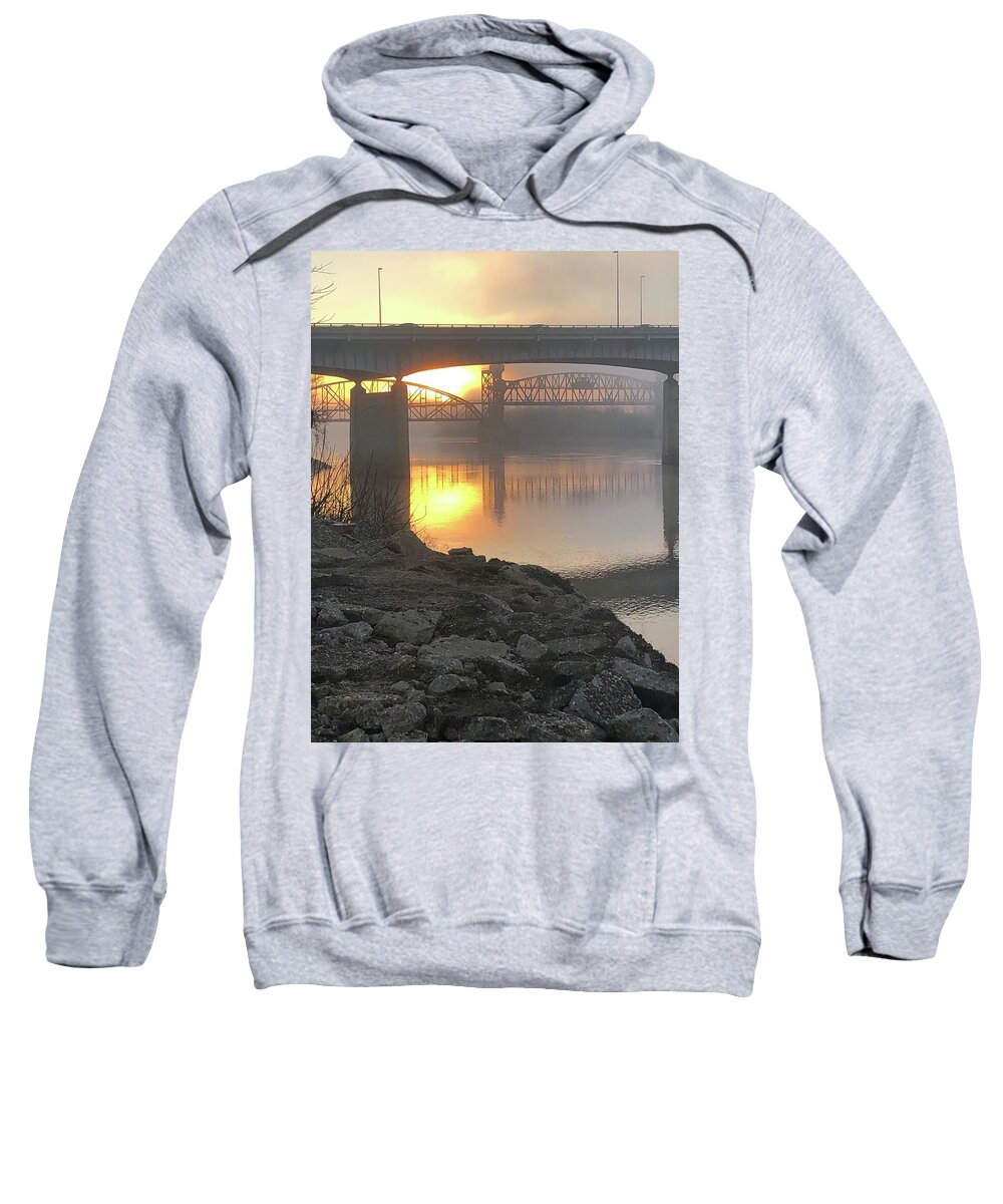 Urban Skyline Sweatshirt featuring the photograph Foggy December Sunrise Over the Arkansas River by Michael Dean Shelton