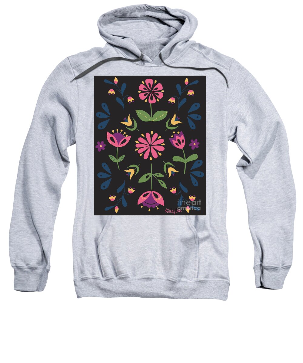Folk Flowers Sweatshirt featuring the painting Folk Flower Pattern in Black and Pink by Ashley Lane