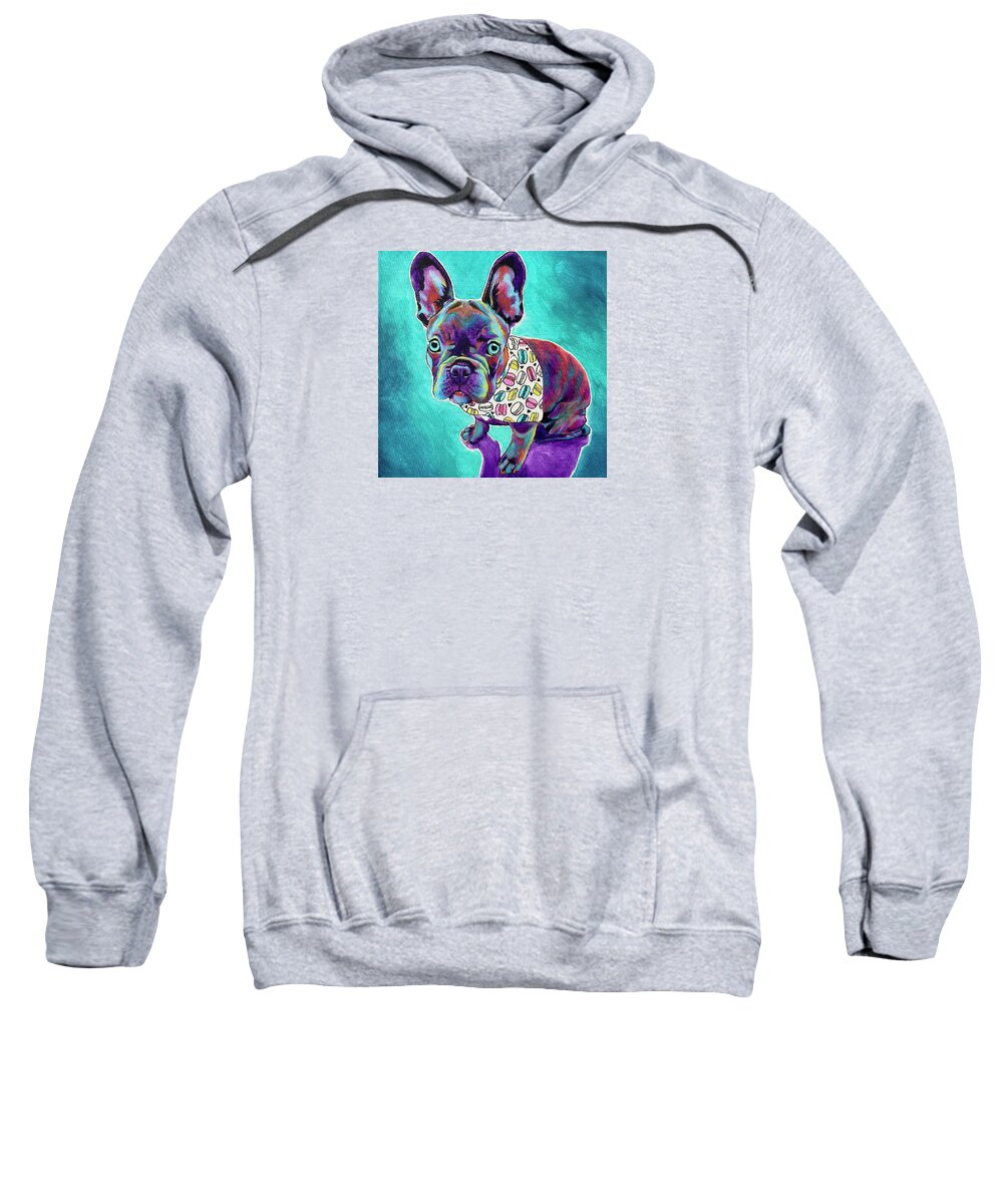 French Bulldog Sweatshirt featuring the painting Frenchie - Macaron by Dawg Painter