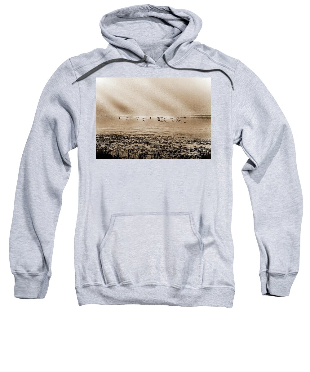 Winter Sweatshirt featuring the digital art Geese Landing On Lake - Monochrome by Anthony Ellis