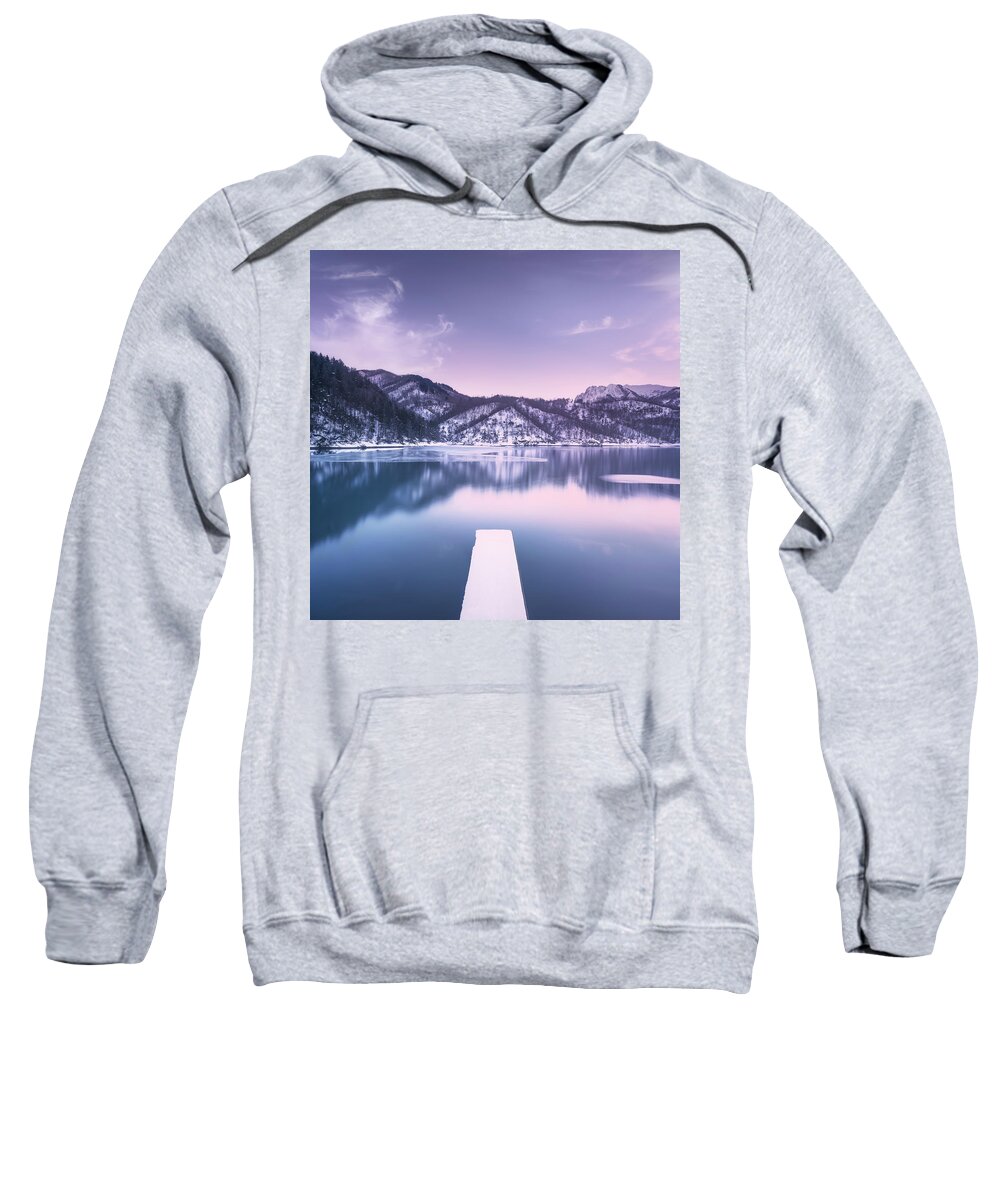 Lake Sweatshirt featuring the photograph Gramolazzo iced lake and snowy pier in Apuan mountains. by Stefano Orazzini