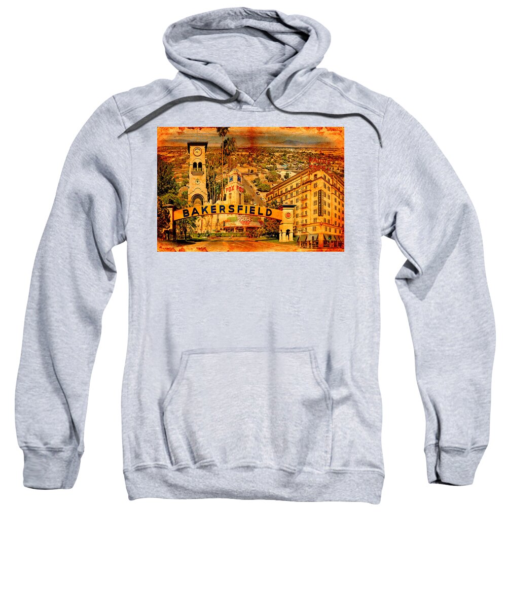 Bakersfield Sweatshirt featuring the digital art Historical buildings of Bakersfield, California, blended on old paper by Nicko Prints