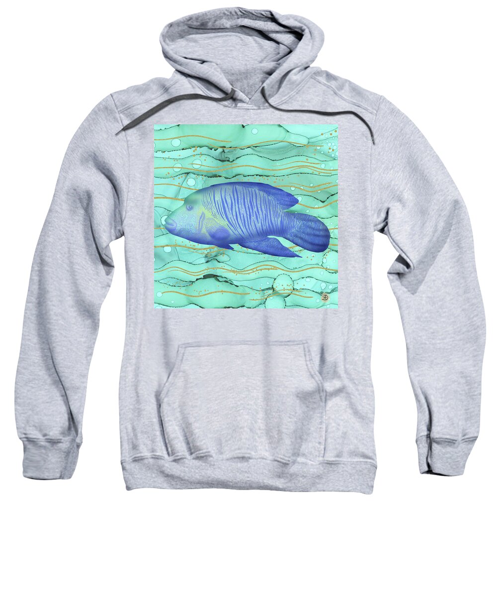 Wrasse Fish Sweatshirt featuring the digital art Humphead Wrasse Colorful Fish Swimming in the Emerald Ocean by Andreea Dumez