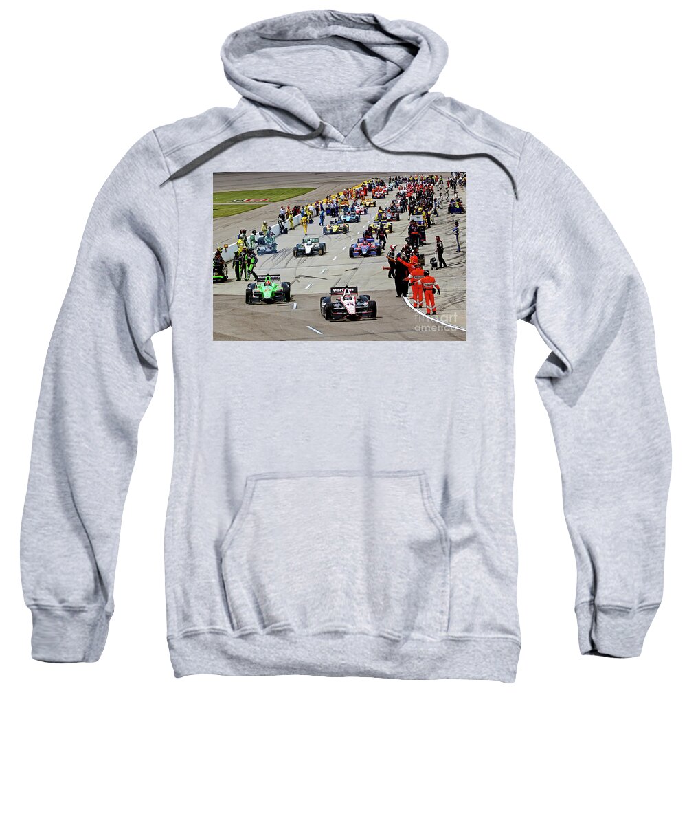 Indycar Sweatshirt featuring the photograph Cars leave the pits, Iowa Corn 250 Iowa Speedway 2013 by Pete Klinger