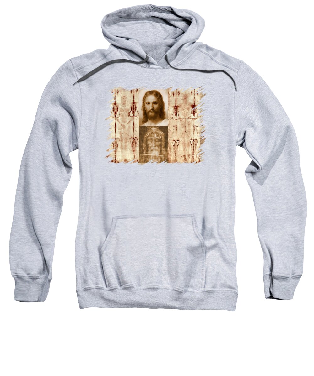 Shroud Sweatshirt featuring the mixed media Jesus Christ Shroud of Turin Holy Face Burial by Mixed Media Art
