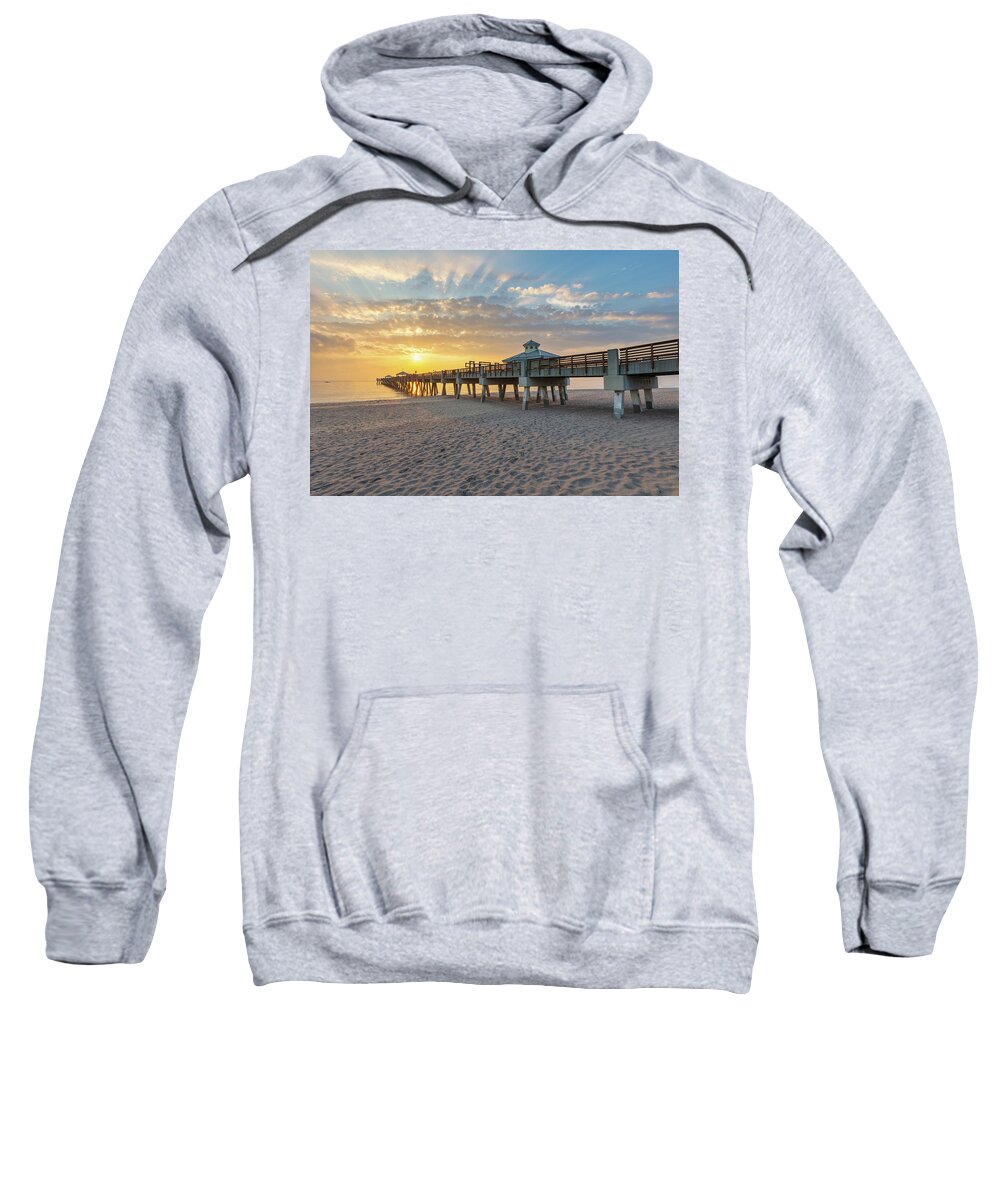 Juno Beach Pier Sweatshirt featuring the photograph Juno Beach Pier Sunrise from Beach by Kim Seng