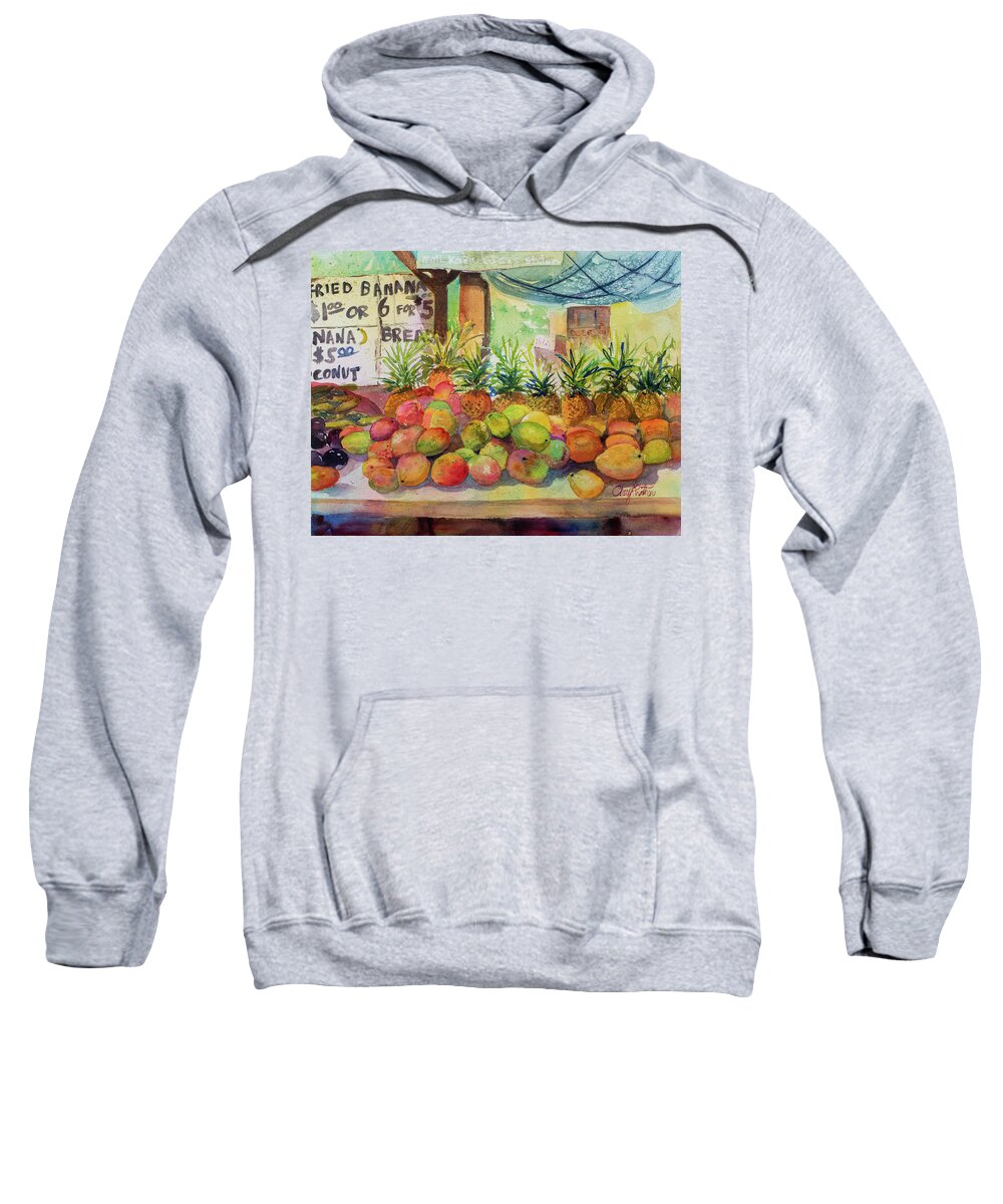 Kahuku Land Farms Stand Sweatshirt featuring the painting Kahuku Land Farms Stand by Cheryl Prather