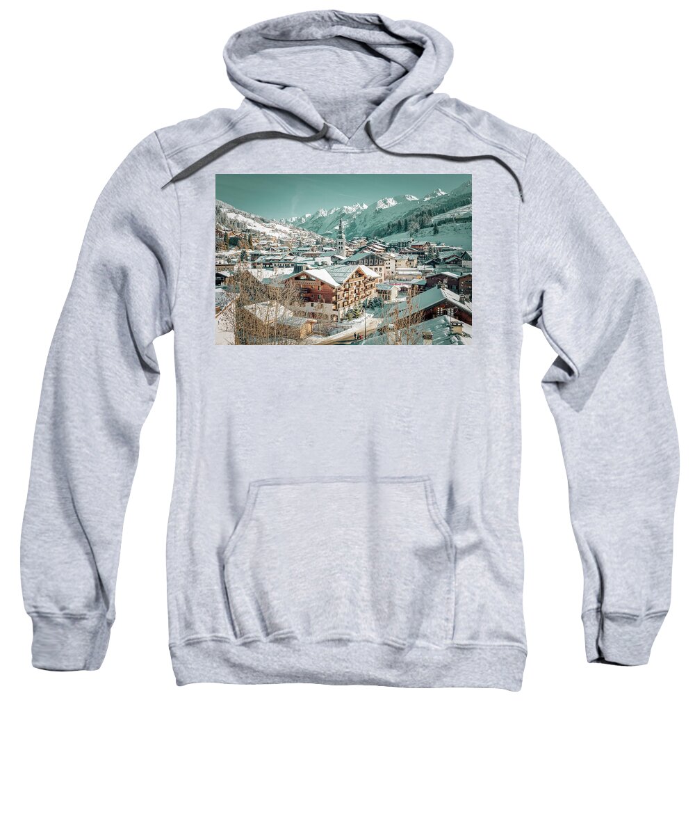 Beauty In Nature Sweatshirt featuring the photograph La Clusaz winter sports resort in the French Alps by Benoit Bruchez