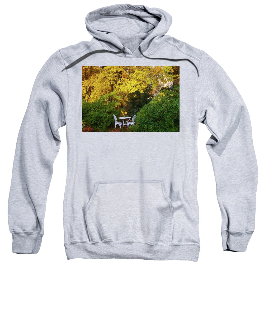 Yellow Foliage Sweatshirt featuring the photograph Let's Dine Under Autumn's Golden Canopy by Ola Allen