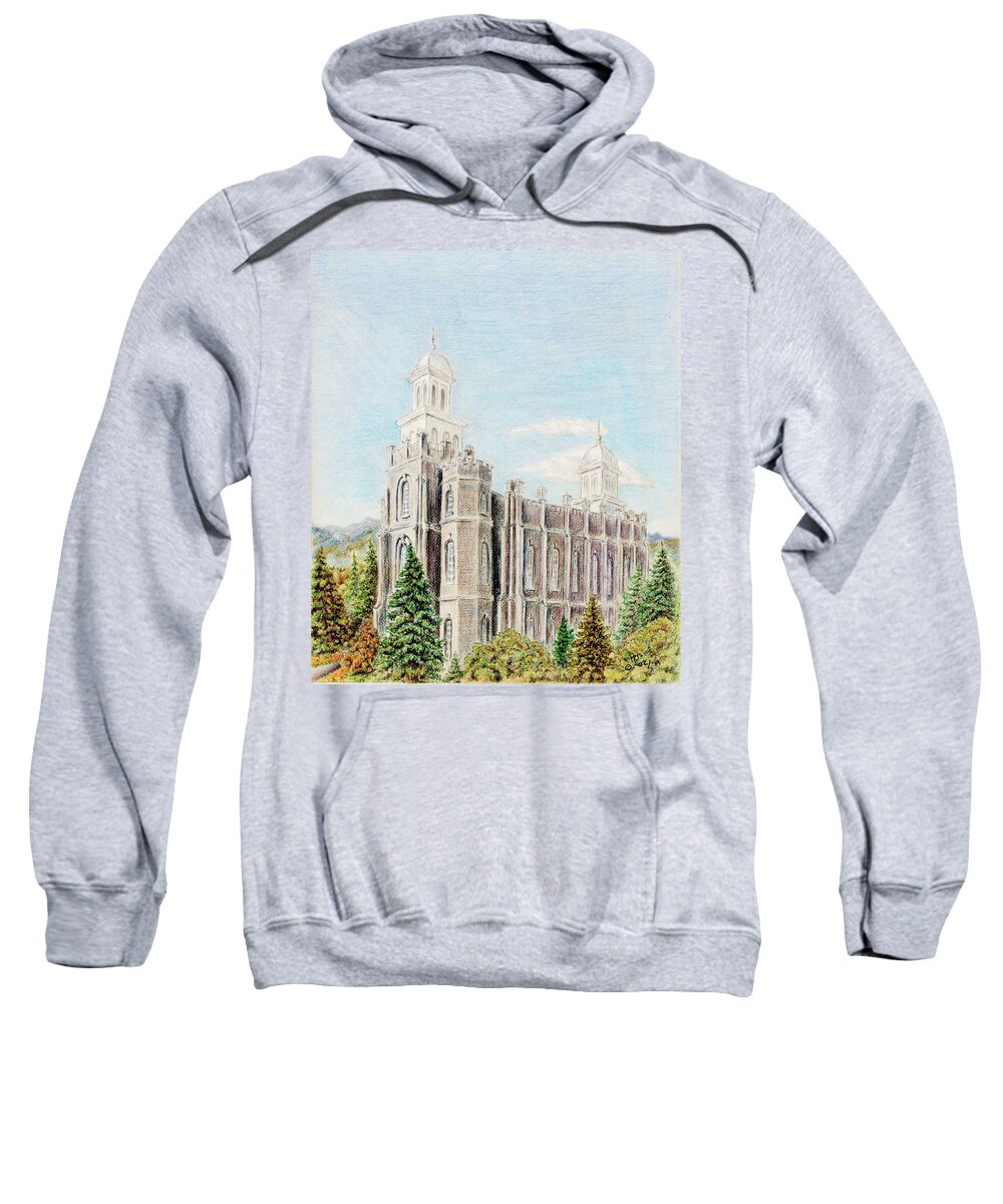 Lds Sweatshirt featuring the drawing Logan, Utah temple by Pris Hardy