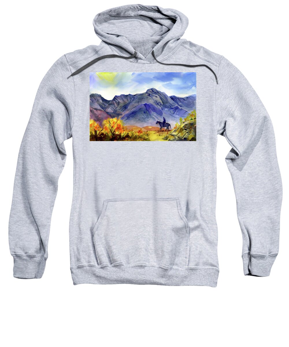 Eastern Sierra Sweatshirt featuring the painting Lone Horseman by Joan Chlarson