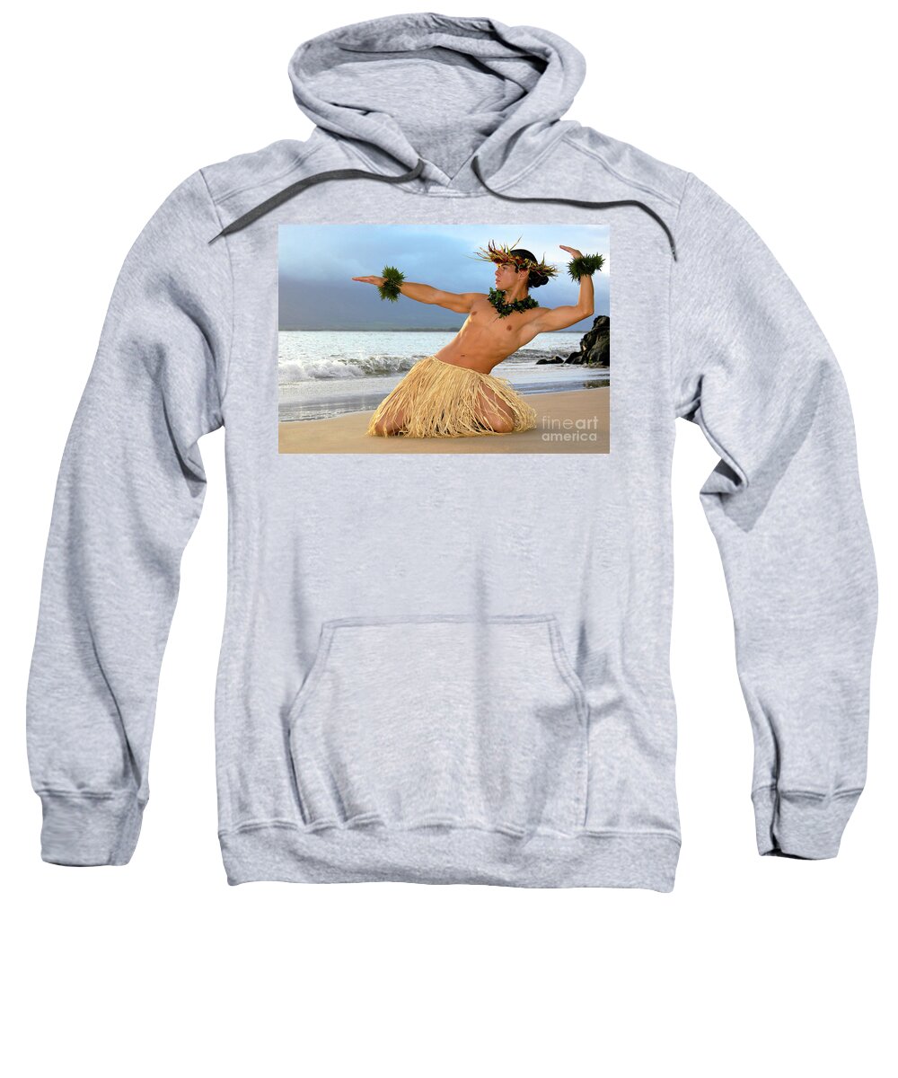 Male Hula Dancer Sweatshirt featuring the photograph Male Hula Dancer performs on the beach.	 by Gunther Allen