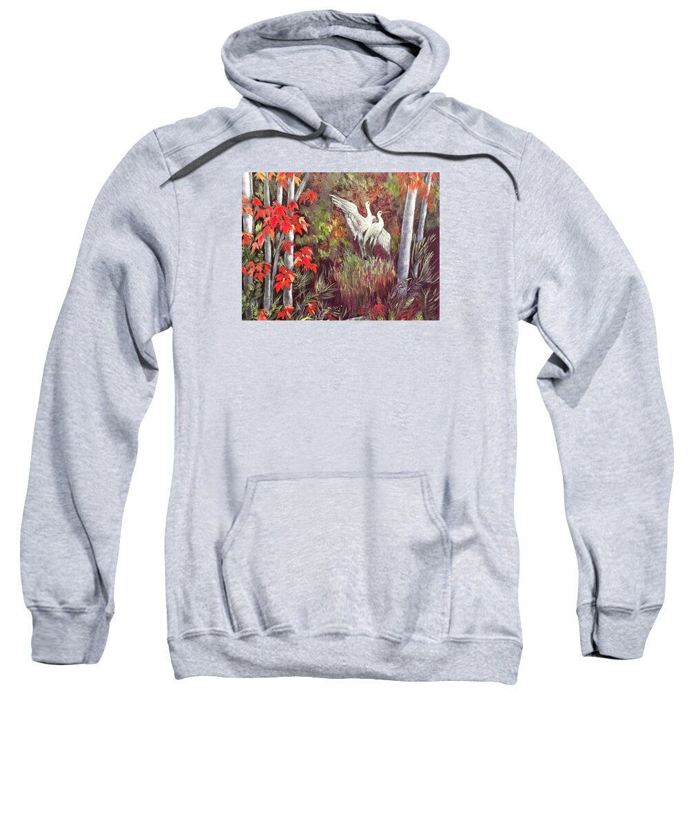 Cranes Sweatshirt featuring the painting Maple Wonderland by Vina Yang