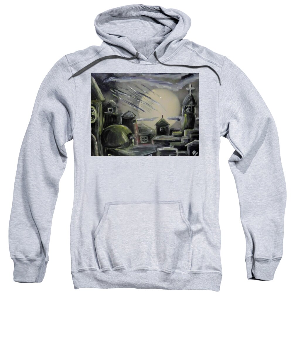 Cityscape Sweatshirt featuring the painting Midnight in the Moonlight City by Andrew Blitman