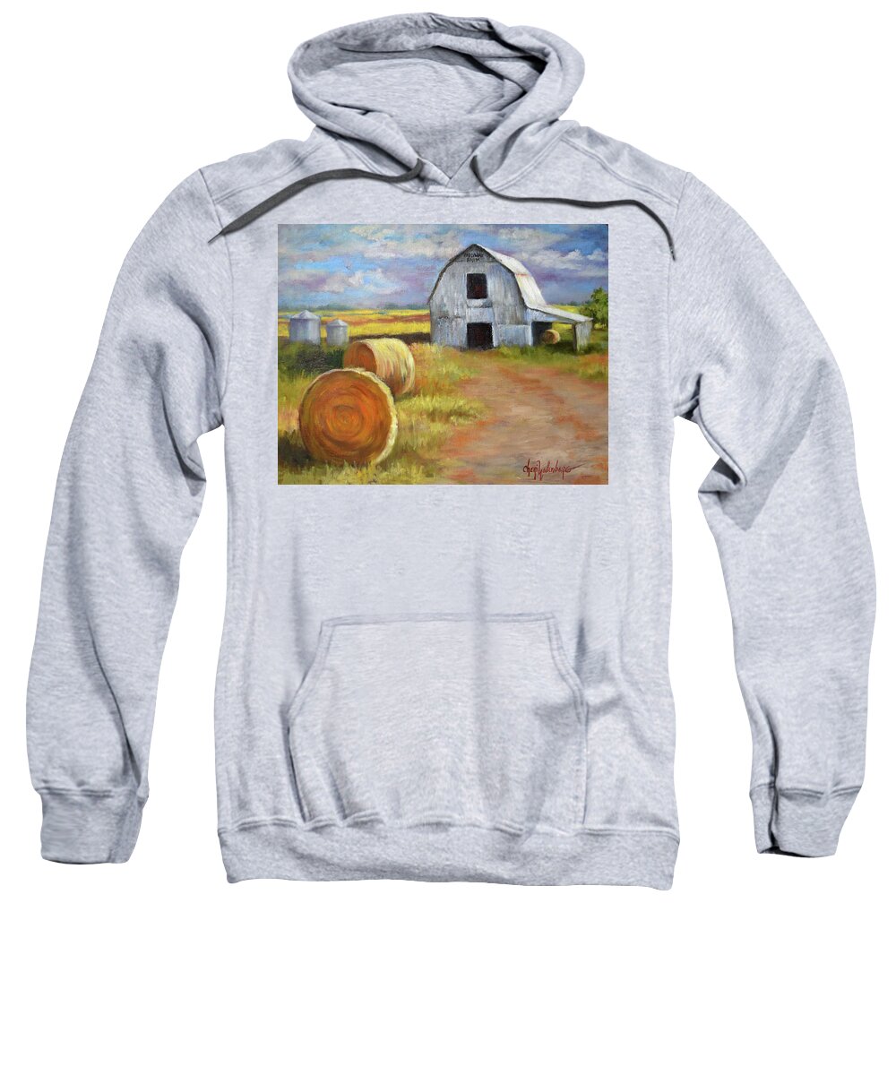 Country Landscape Sweatshirt featuring the painting Midway Farm Barn and Haybales by Cheri Wollenberg by Cheri Wollenberg