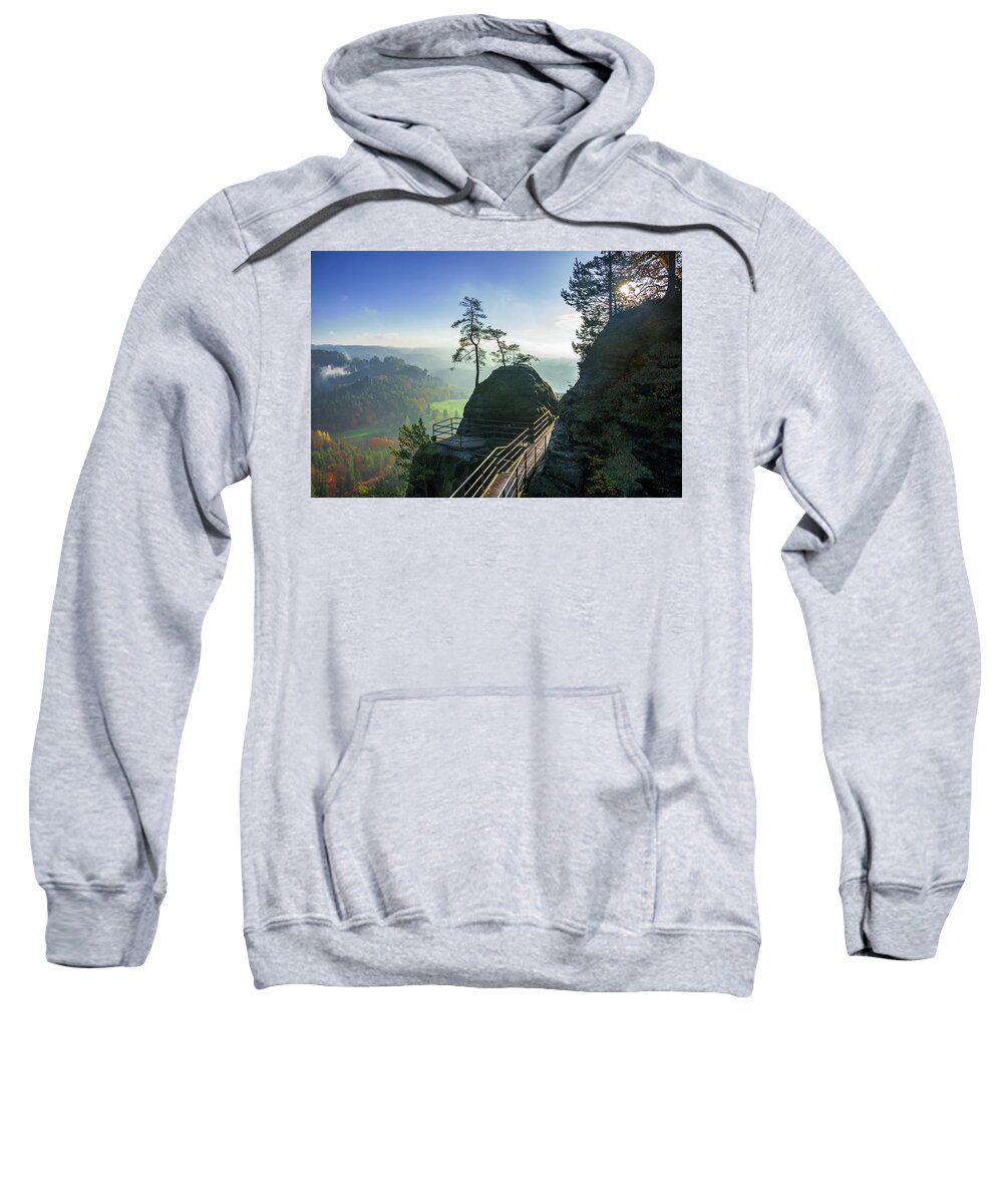 Saxon Switzerland Sweatshirt featuring the photograph Misty sunrise on Neurathen Castle by Sun Travels