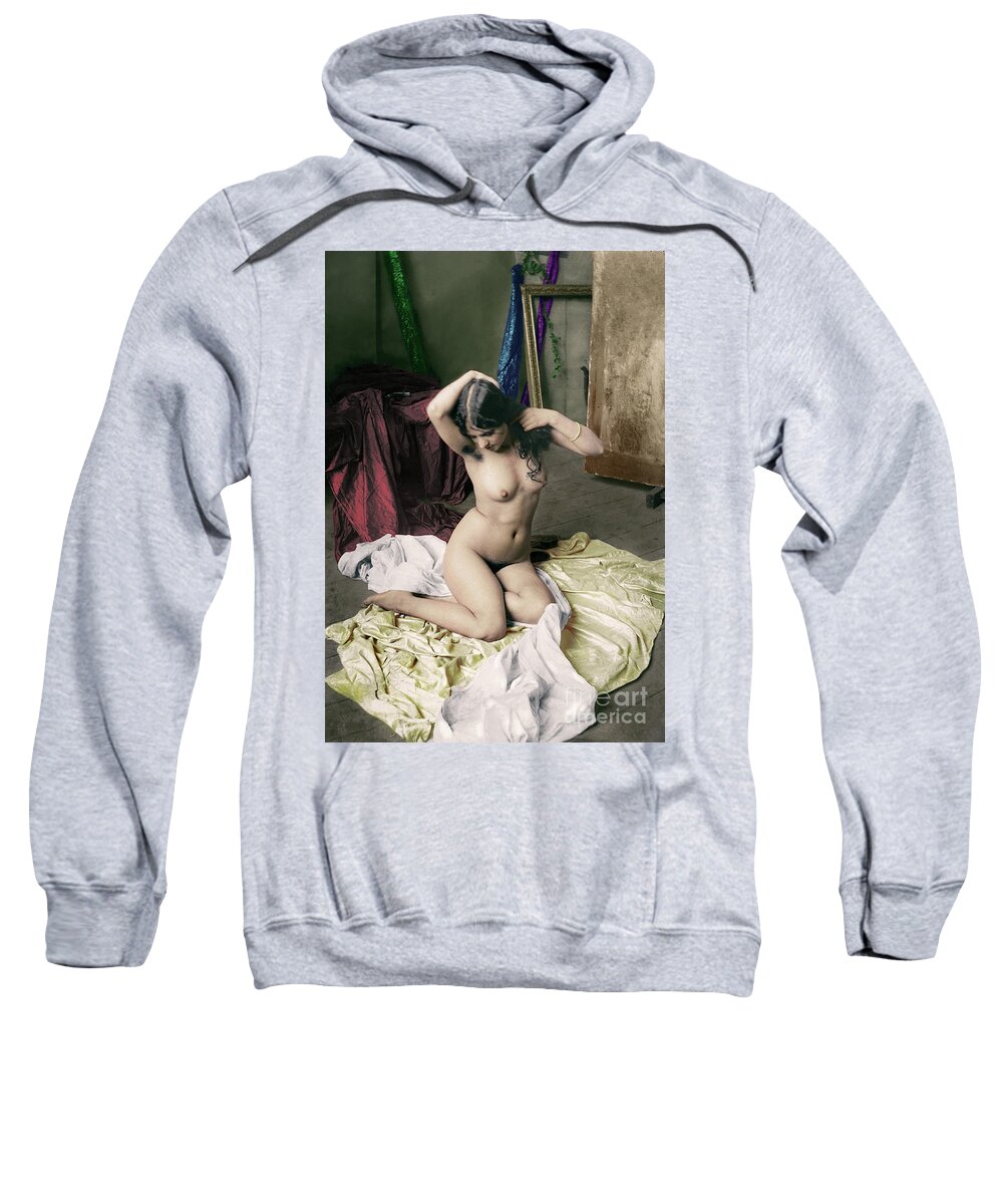 Model Nude Artistic Silk Sexy Vintage 1900s Girl Colorization Colorized Colors Photomanipulation Sweatshirt featuring the mixed media Model on Silk by Franchi Torres