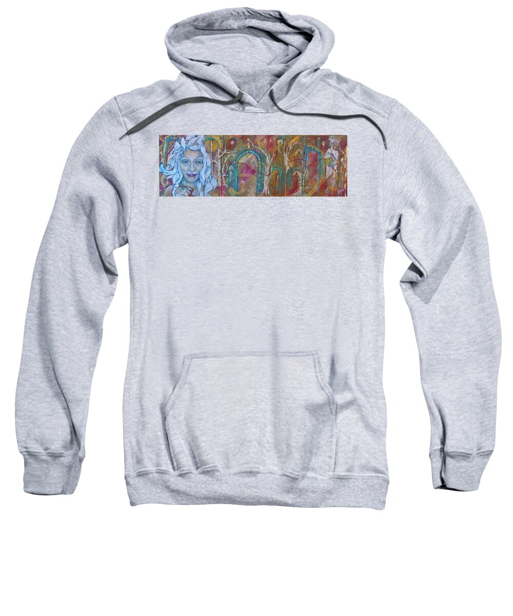 Wayshower Sweatshirt featuring the painting Mystic WayShower Door Keeper of Possibility by Feather Redfox