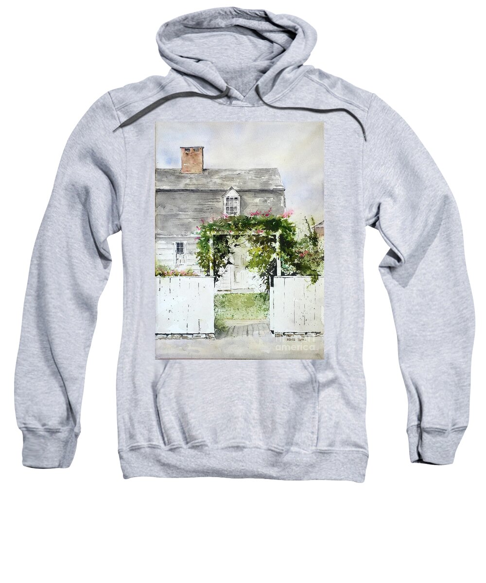 A Greenery Draped Arbor At The Entrance To A New England House. Sweatshirt featuring the painting New England Arbor by Monte Toon