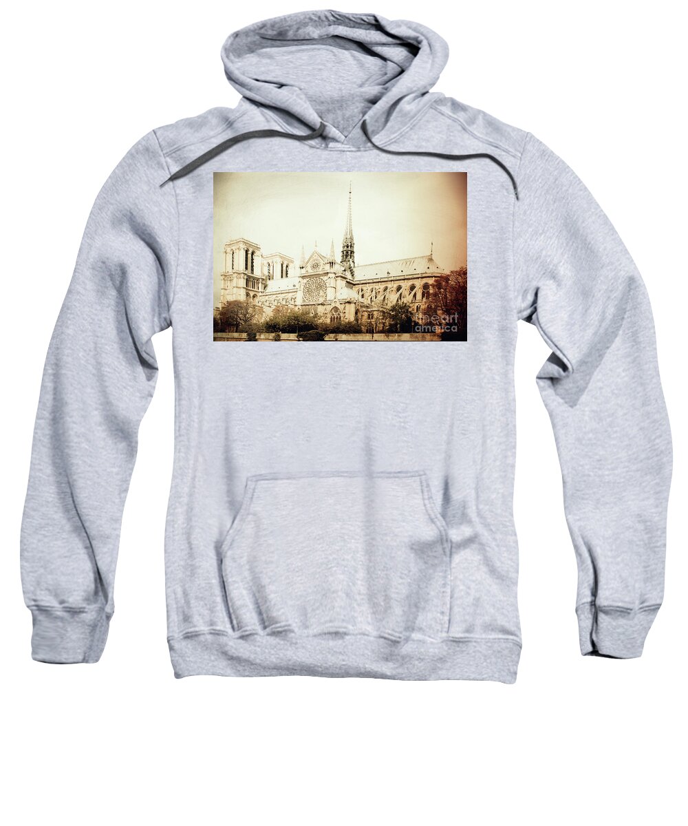 Notre Dame; Paris; Cathedral; Church; Notre Dame De Paris; Arches; Buttresses; Flying Buttress; Vintage; Spire; Stained Glass; Stained Glass Window; Sepia; Seine; France; Sweatshirt featuring the digital art Notre Dame of My Memories by Tina Uihlein