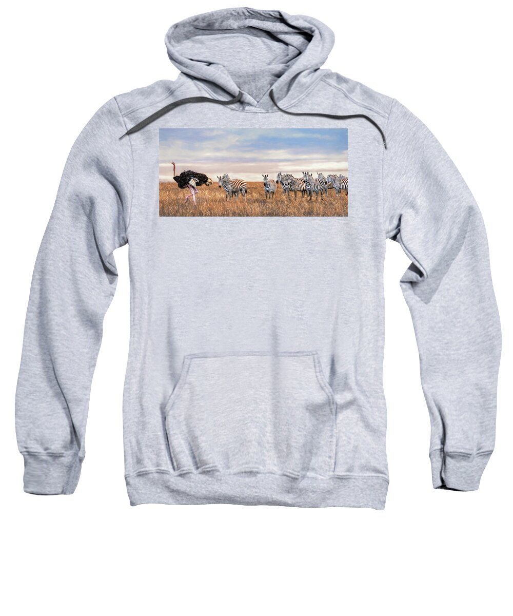 Africa Sweatshirt featuring the photograph Ostrich Leading the Zebras in Tanzania by Betty Eich