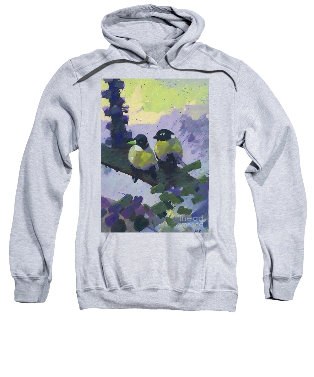 Bird Sweatshirt featuring the painting Painting Titmouse On A Spruce Branch bird nature by N Akkash